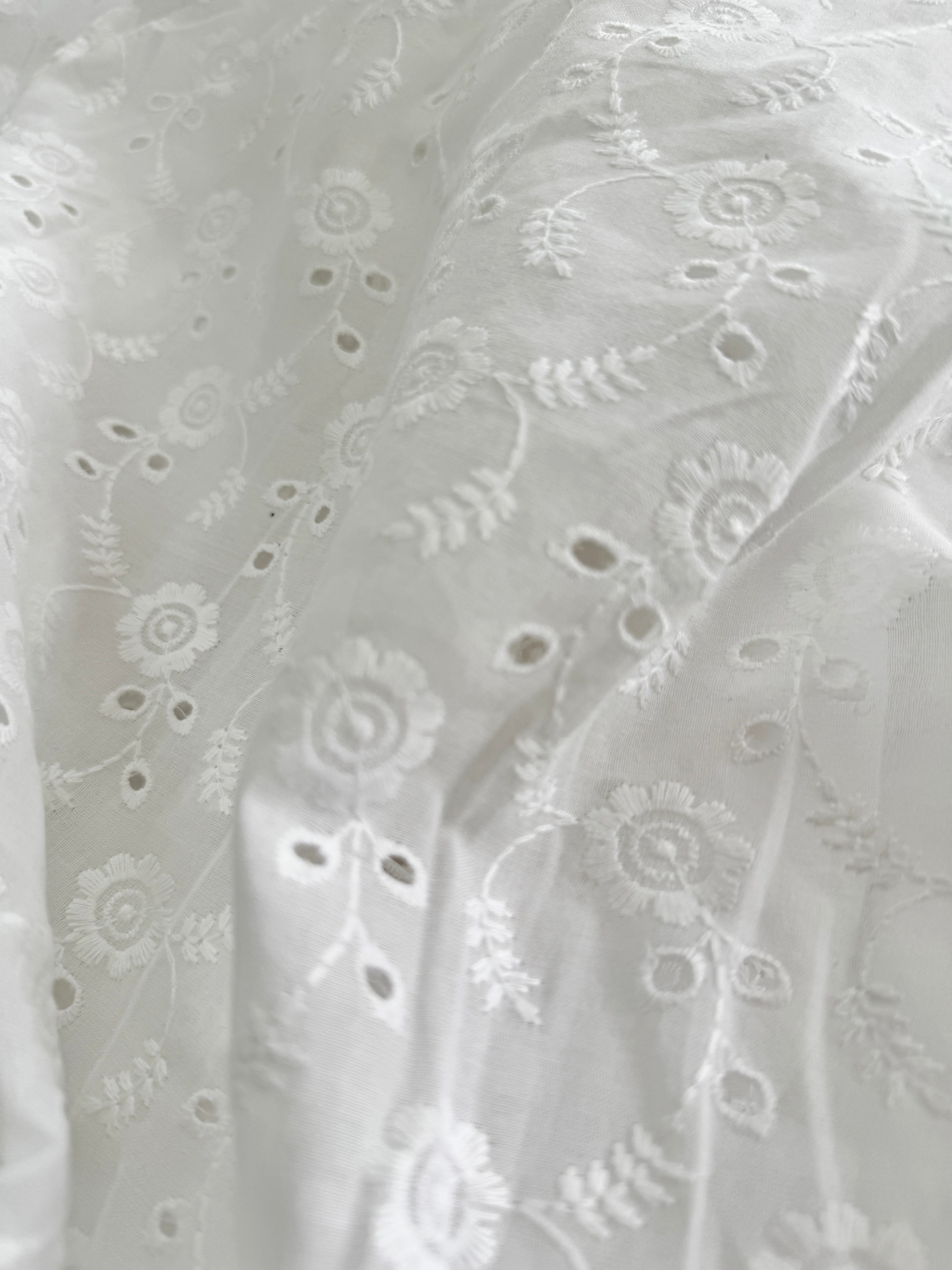 White Hakoba Cotton Embroidered Fabric with Florals and Cutwork