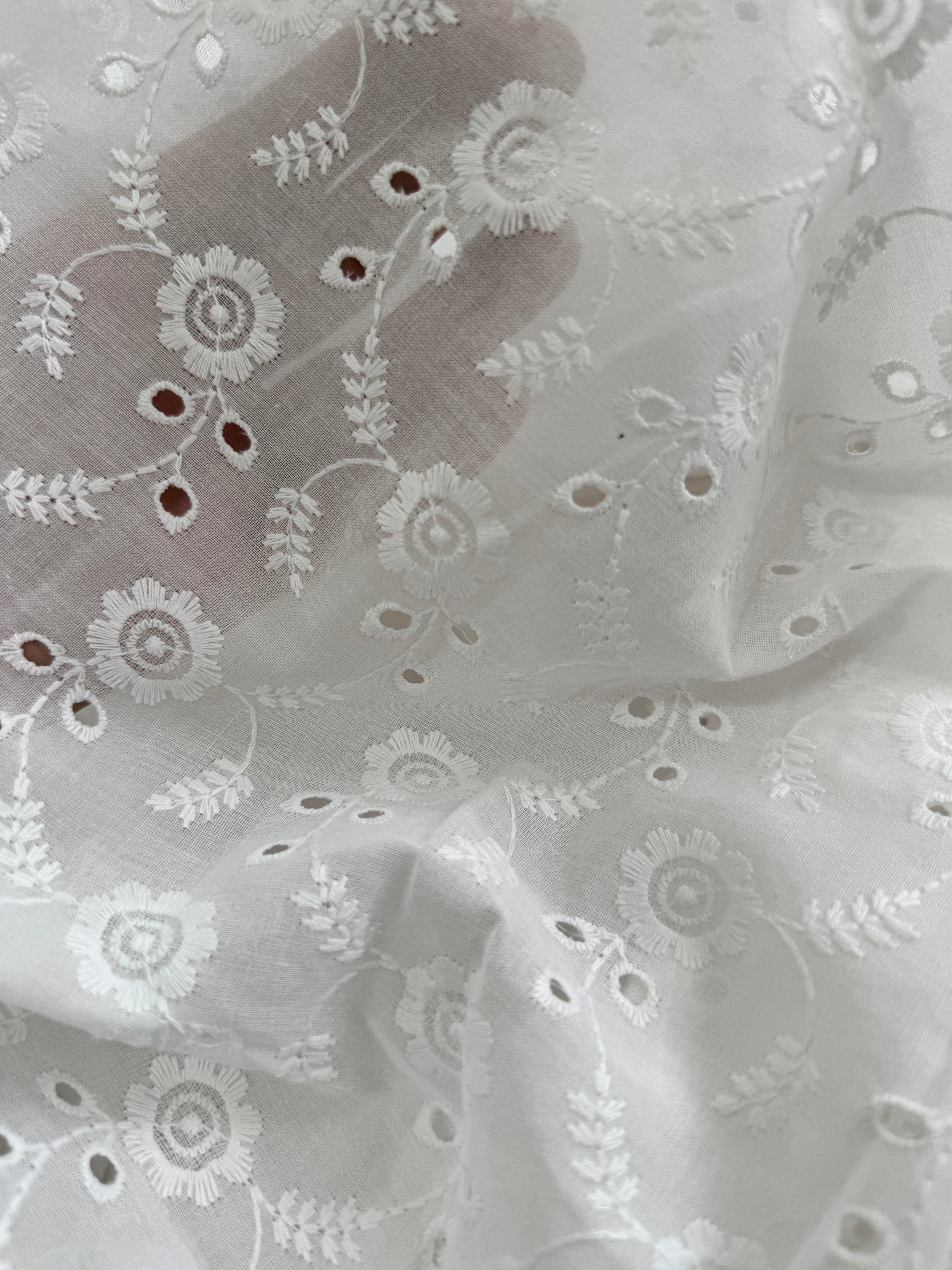 White Hakoba Cotton Embroidered Fabric with Florals and Cutwork