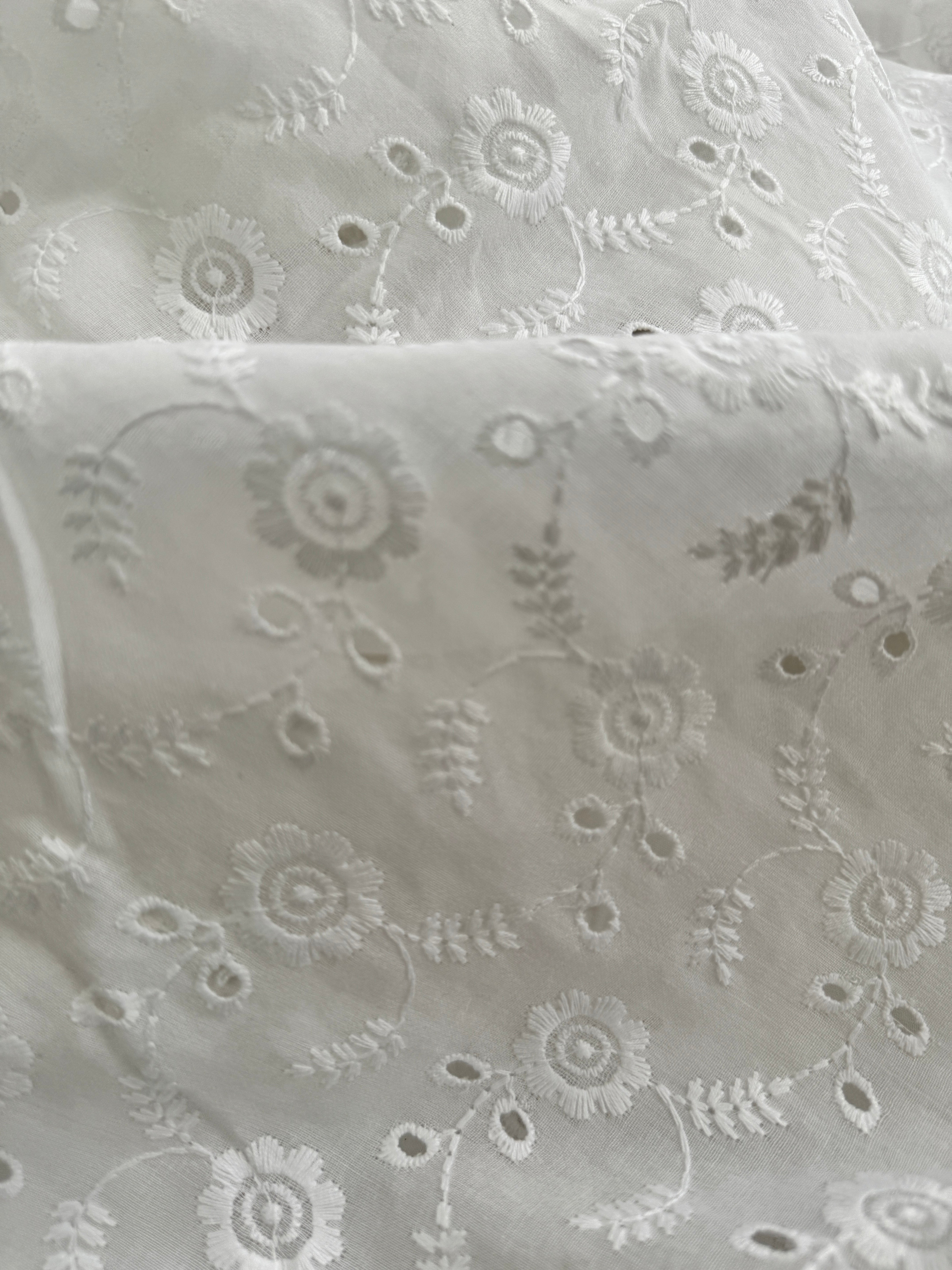 White Hakoba Cotton Embroidered Fabric with Florals and Cutwork