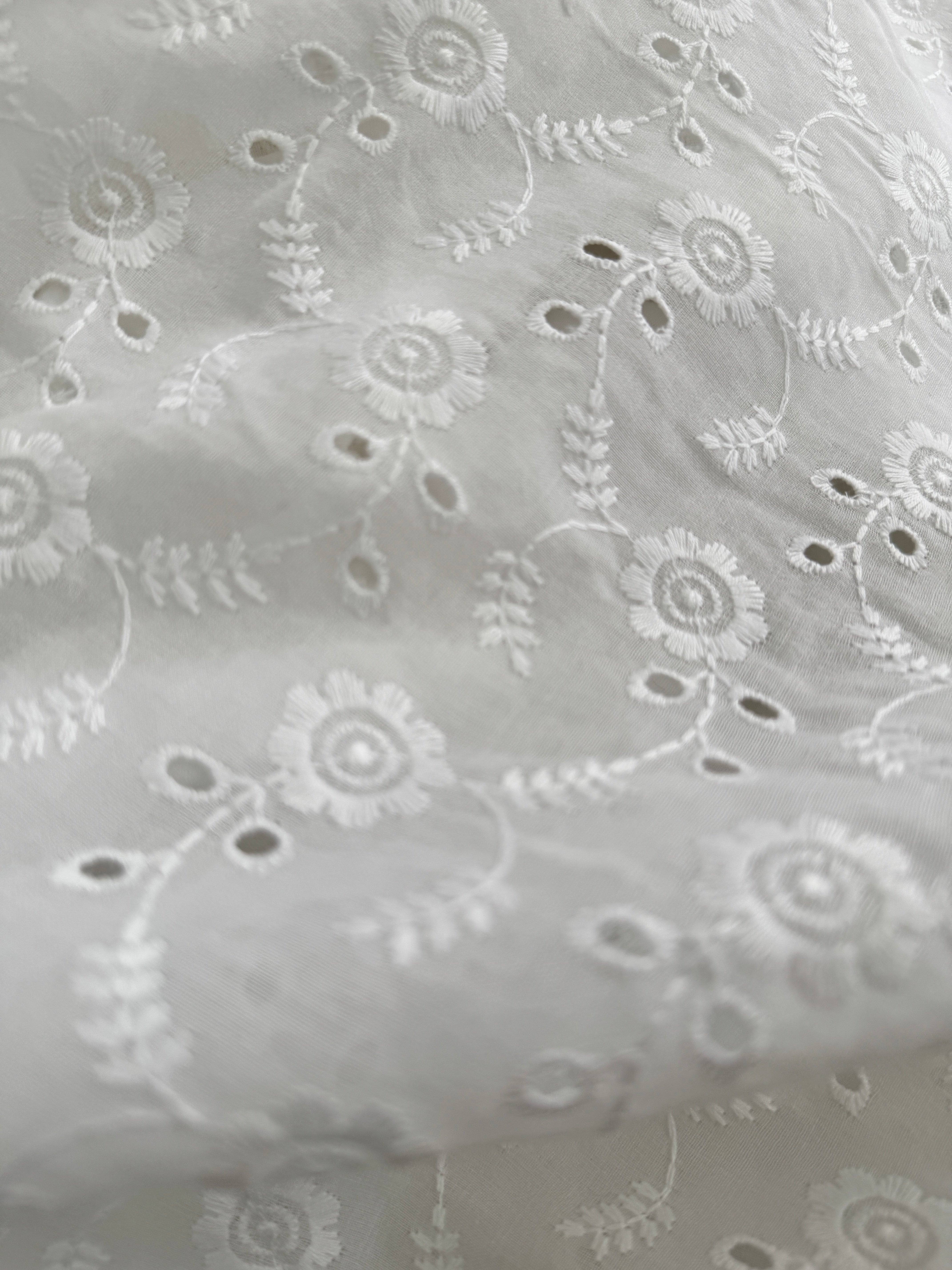 White Hakoba Cotton Embroidered Fabric with Florals and Cutwork