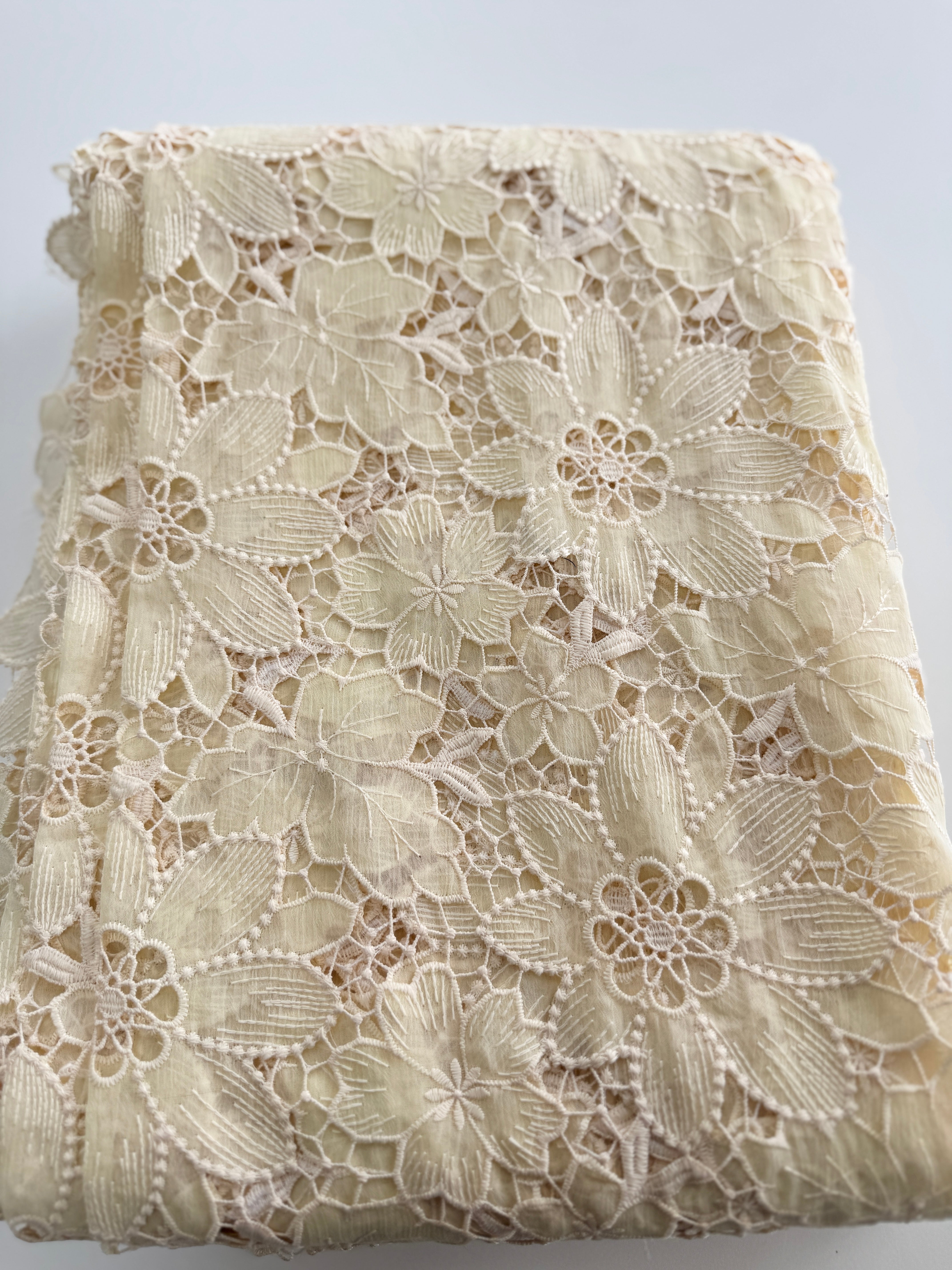 Cream Floral Embroidered Lace Fabric