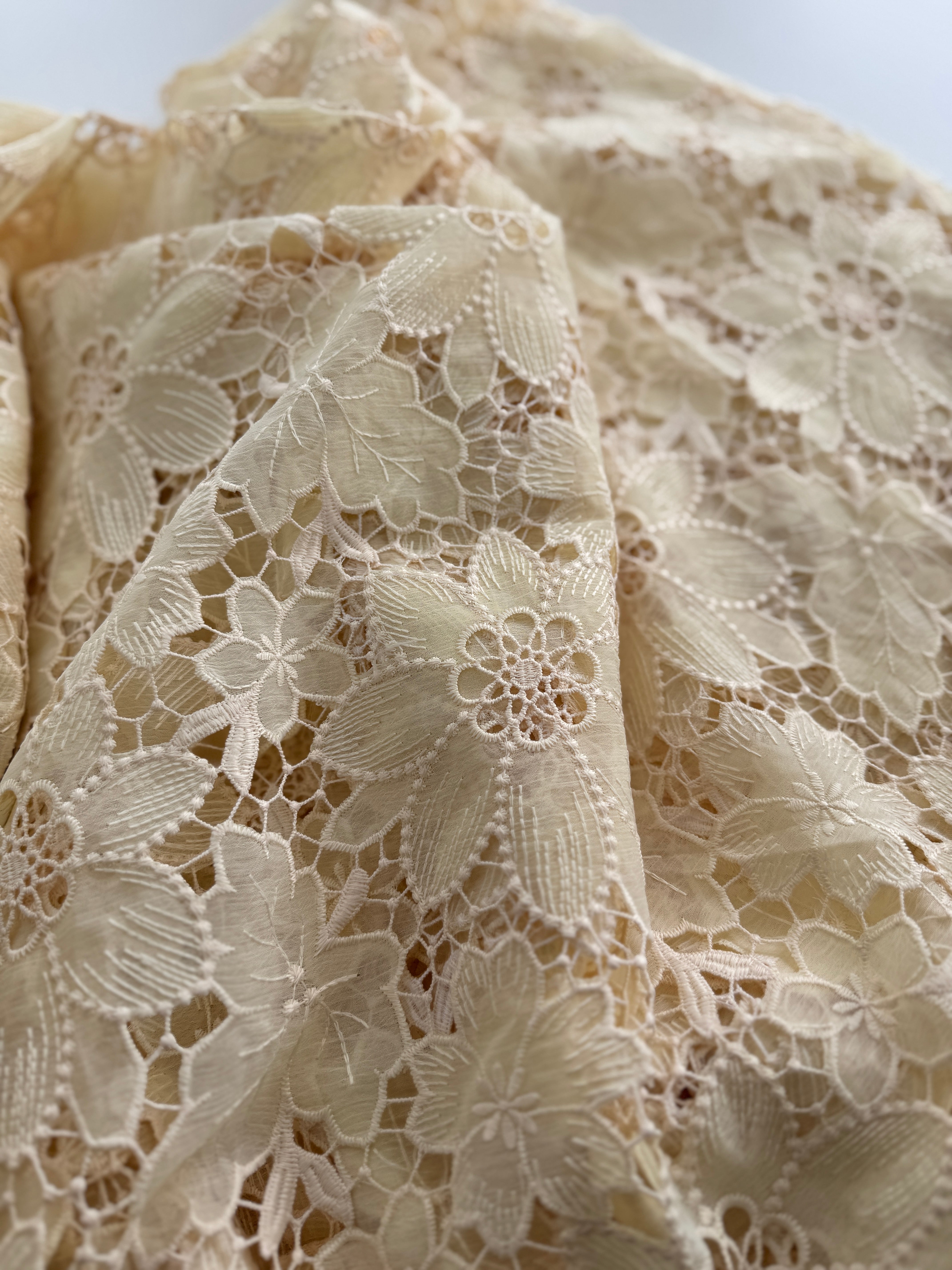 Cream Floral Embroidered Lace Fabric