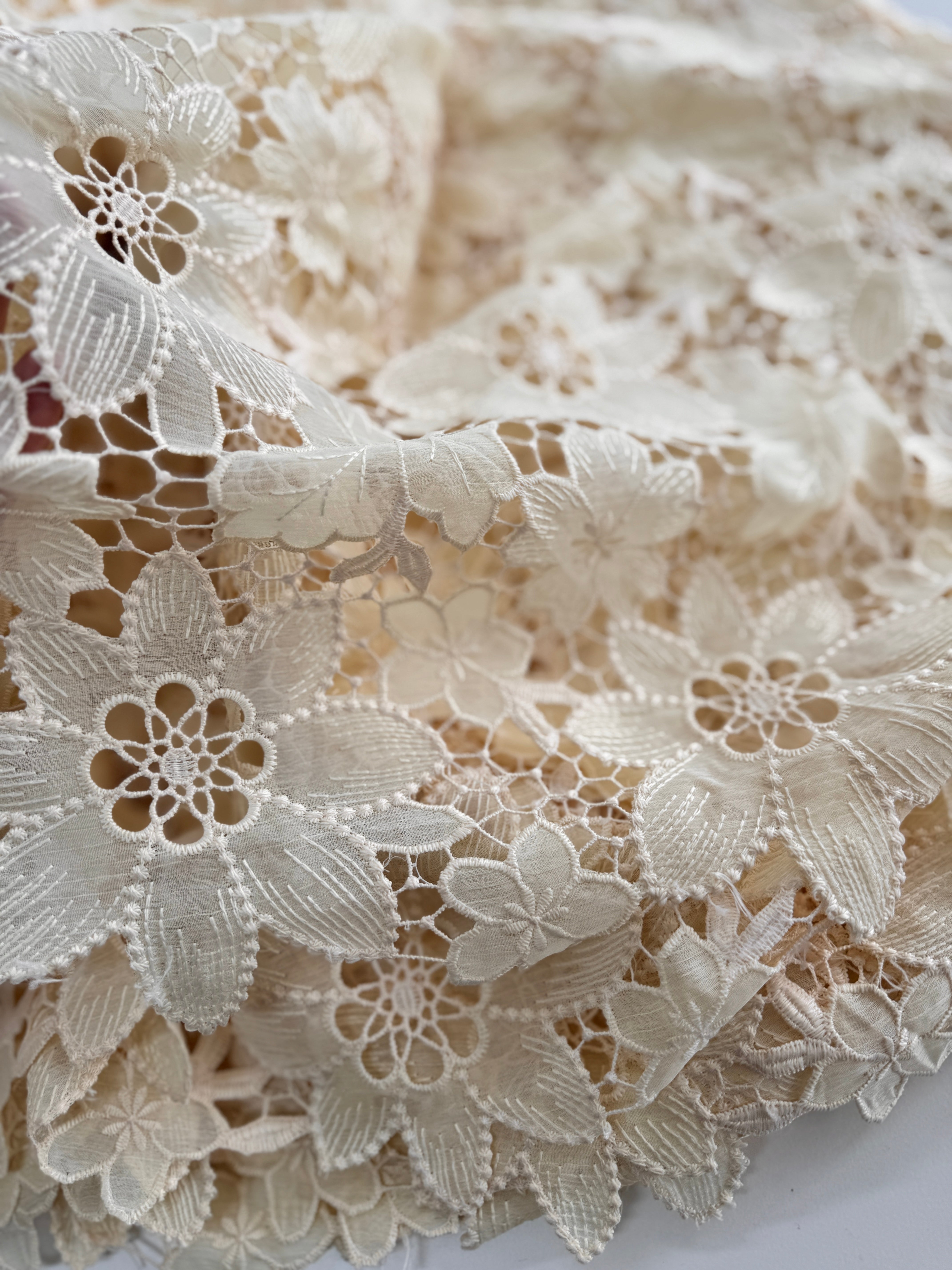 Cream Floral Embroidered Lace Fabric