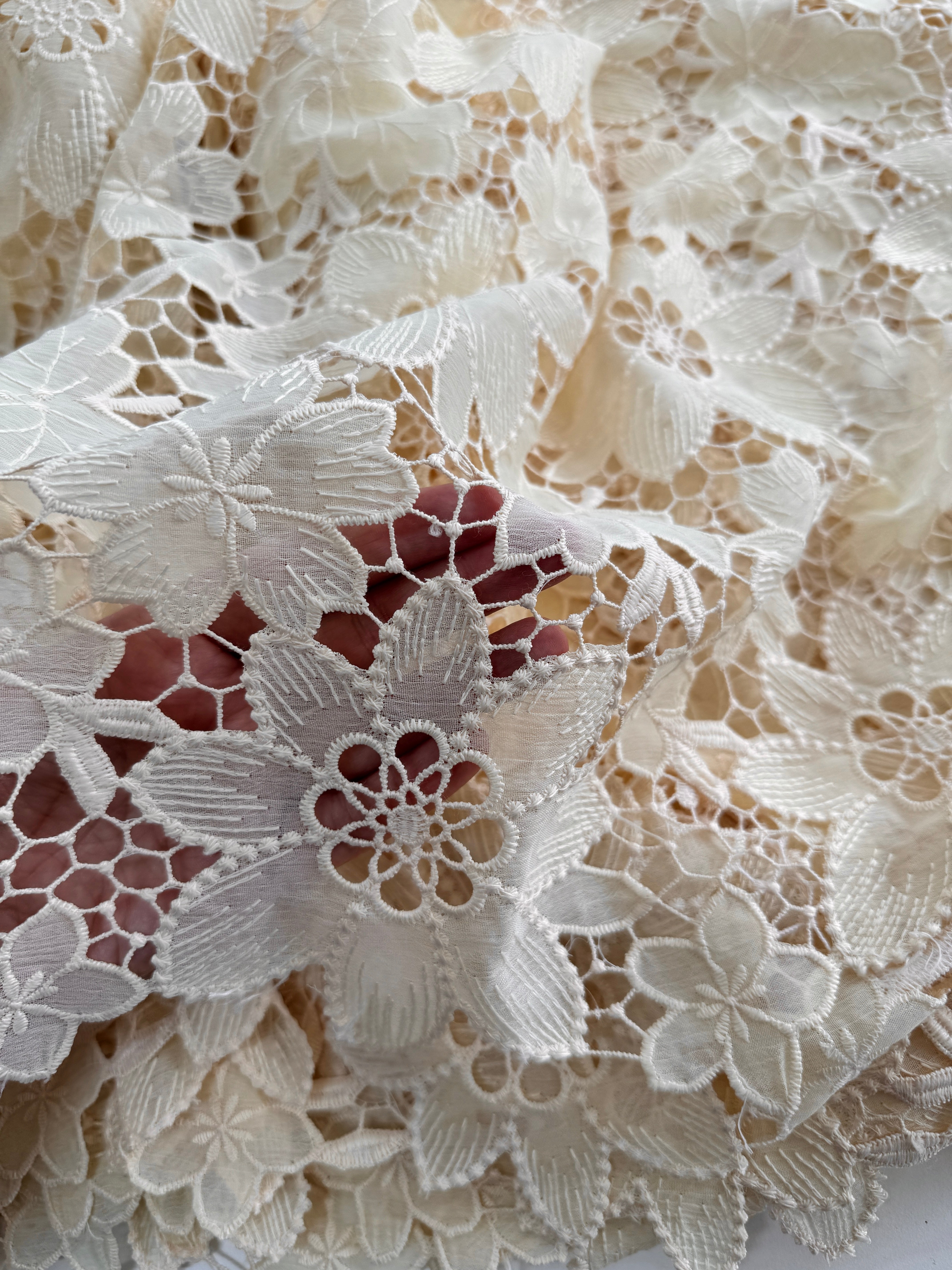 Cream Floral Embroidered Lace Fabric