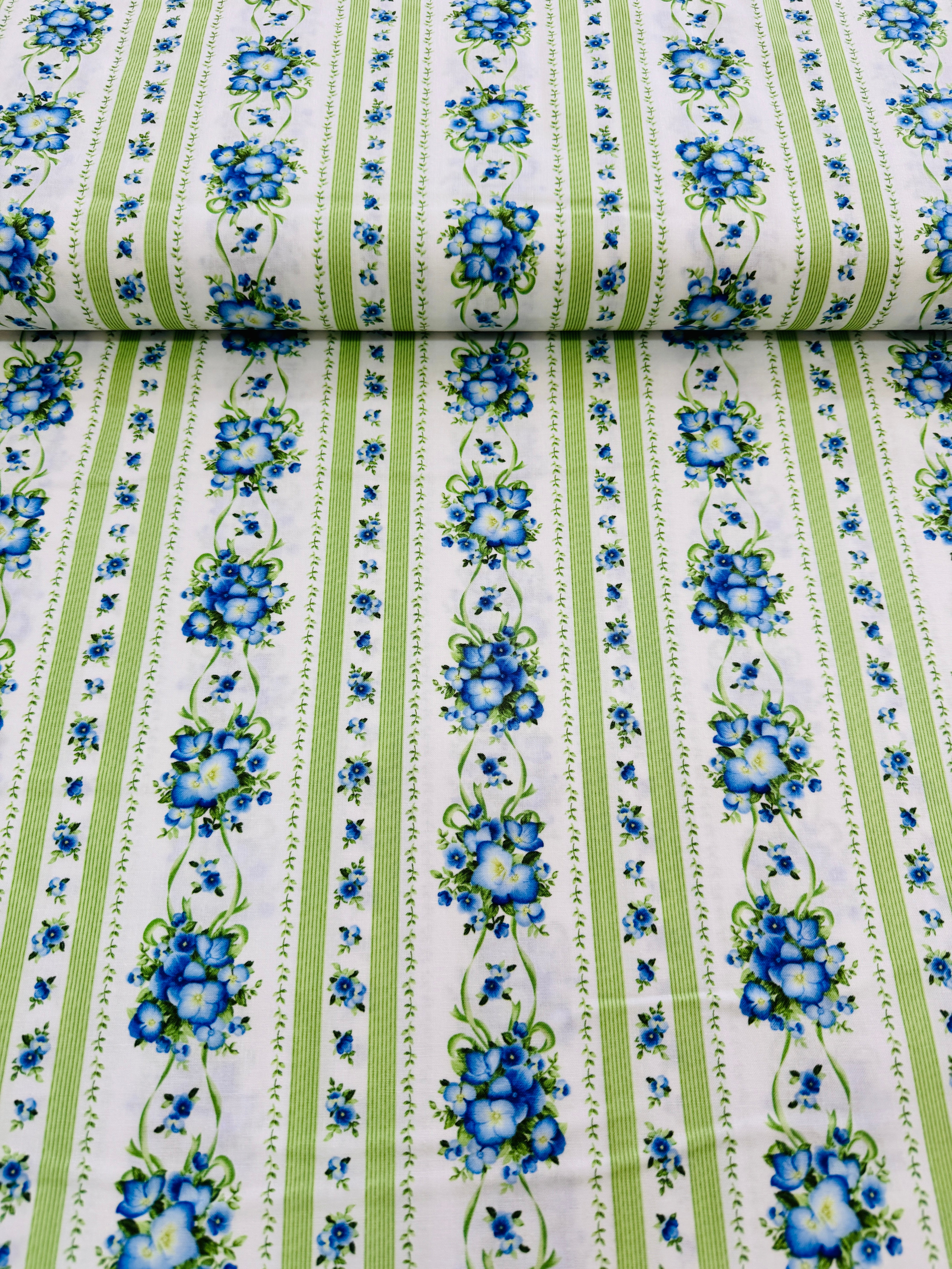 Flowerhouse Sara - Floral Stripe Green Yardage