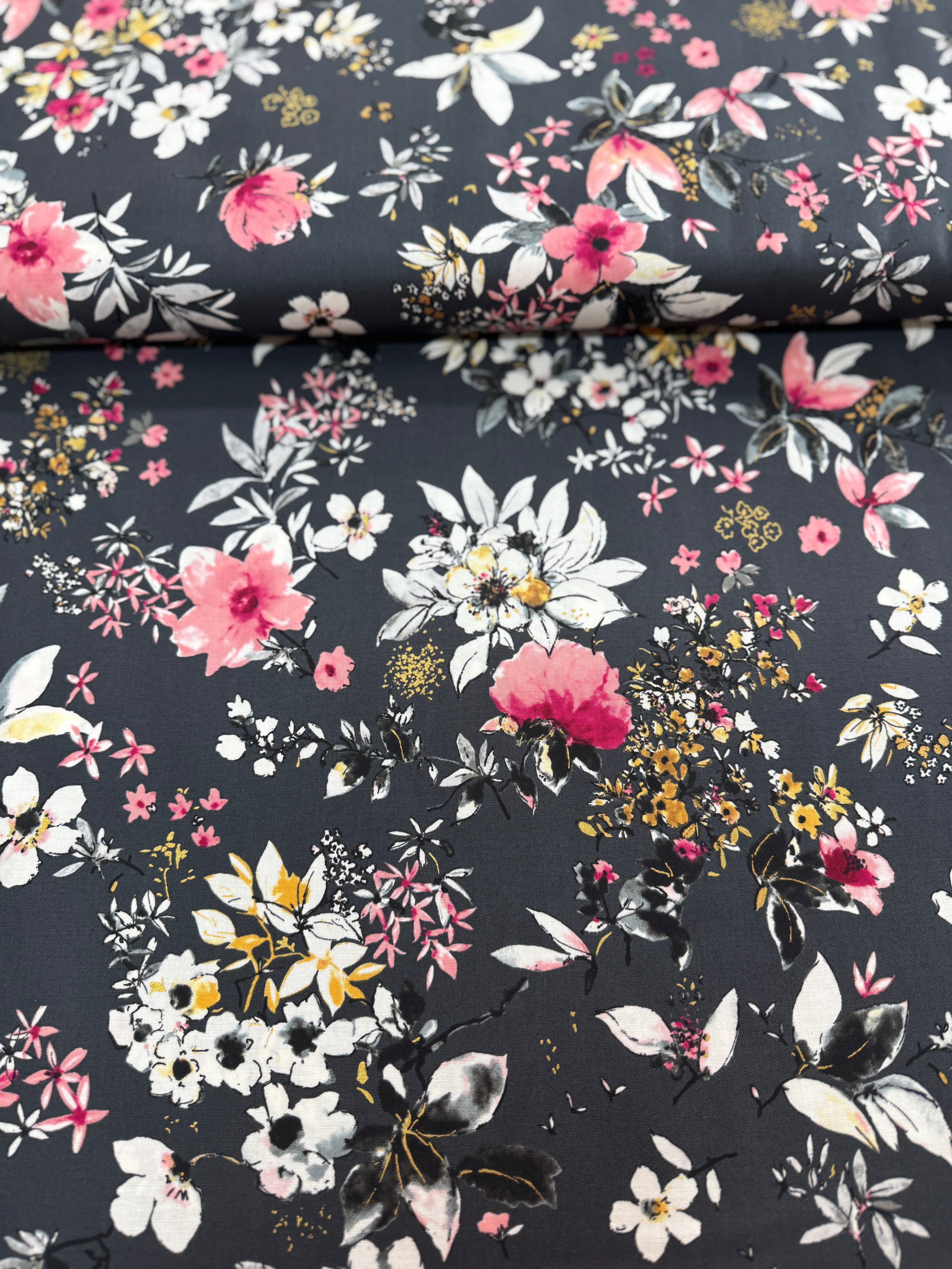 Rosette - Florals Charcoal Metallic Yardage