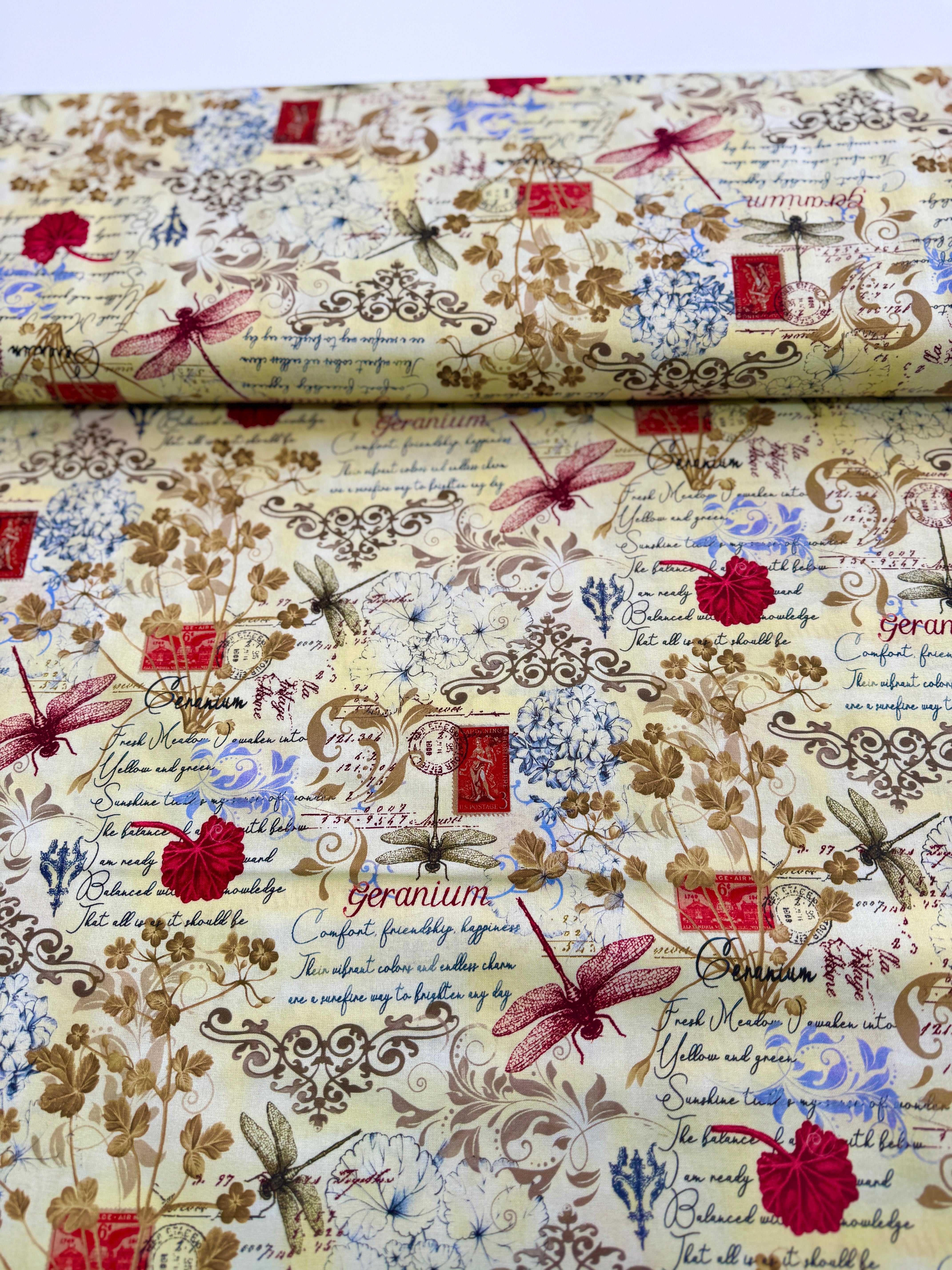 Scarlet Beauty - Text and Floral Cream Yardage