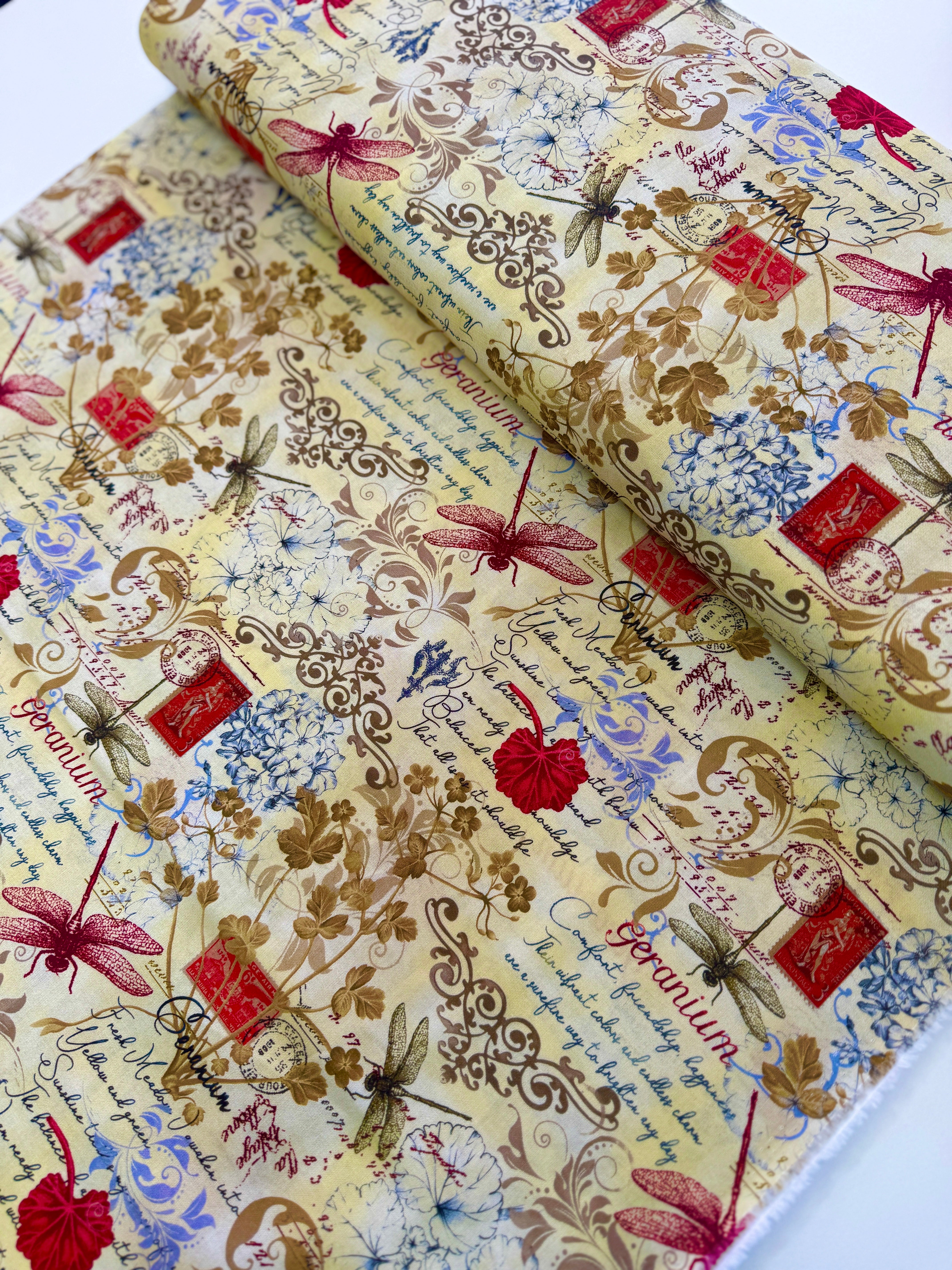 Scarlet Beauty - Text and Floral Cream Yardage