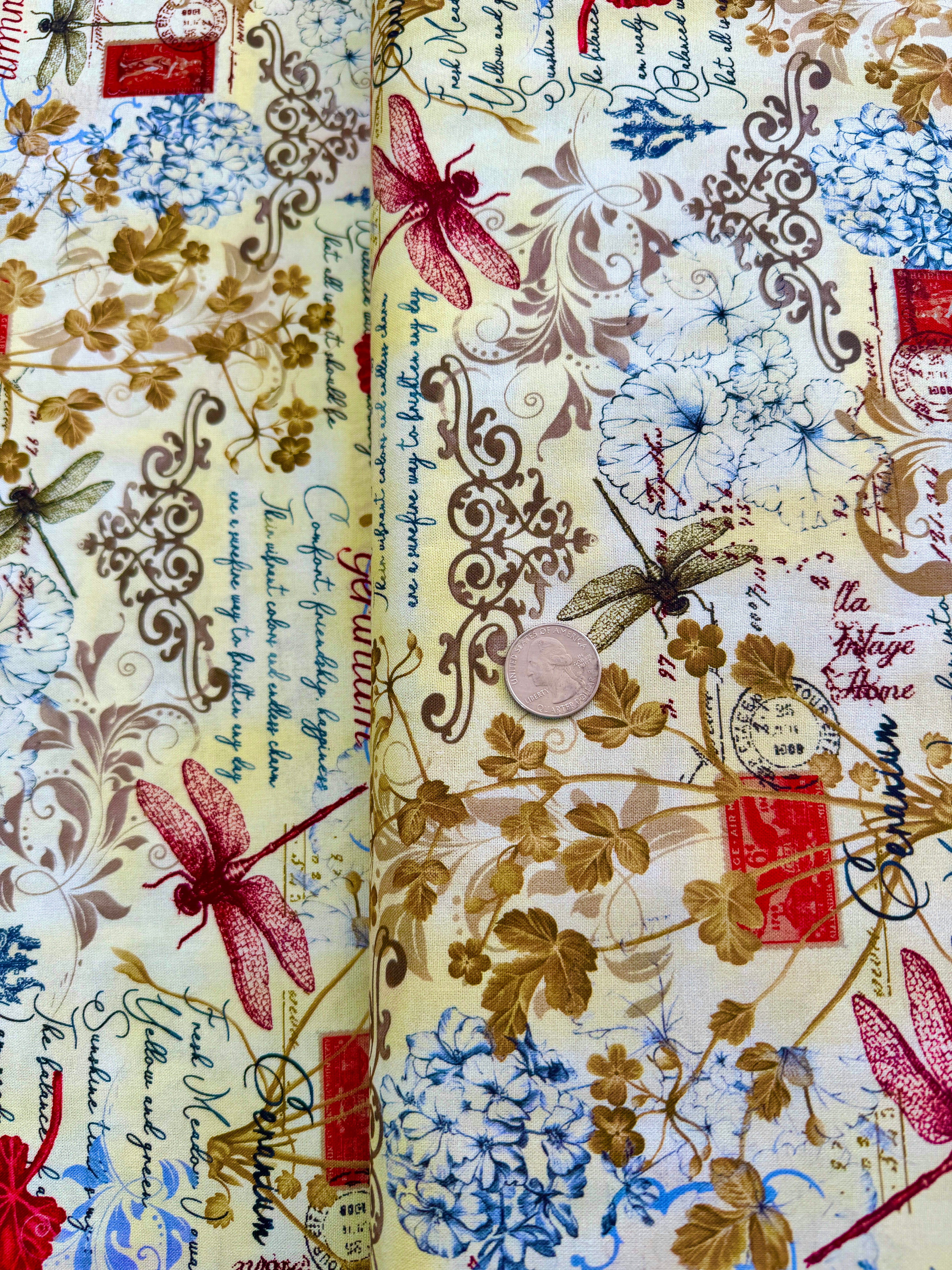 Scarlet Beauty - Text and Floral Cream Yardage