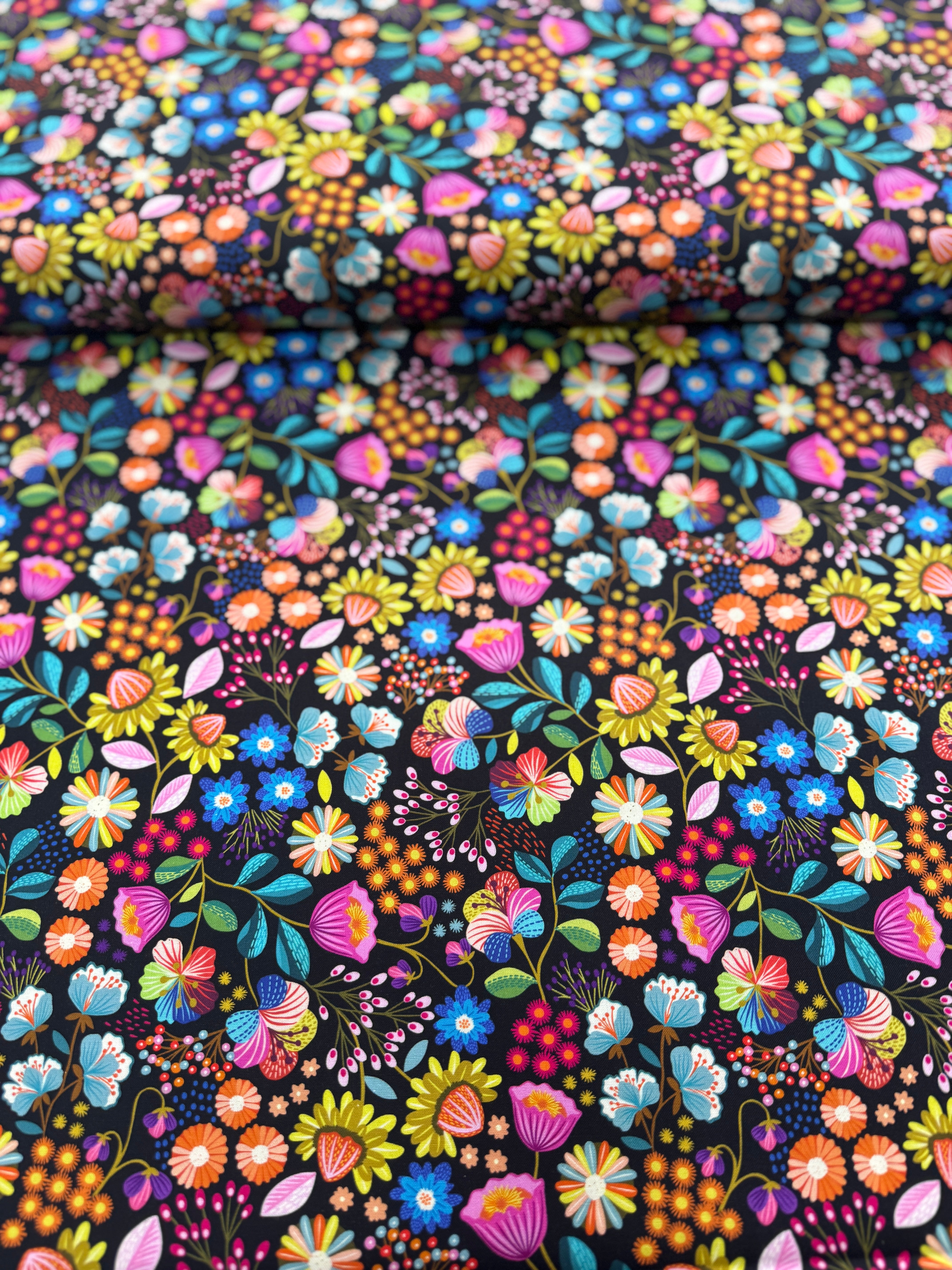 Creative Landscapes Flowers on Black Yardage