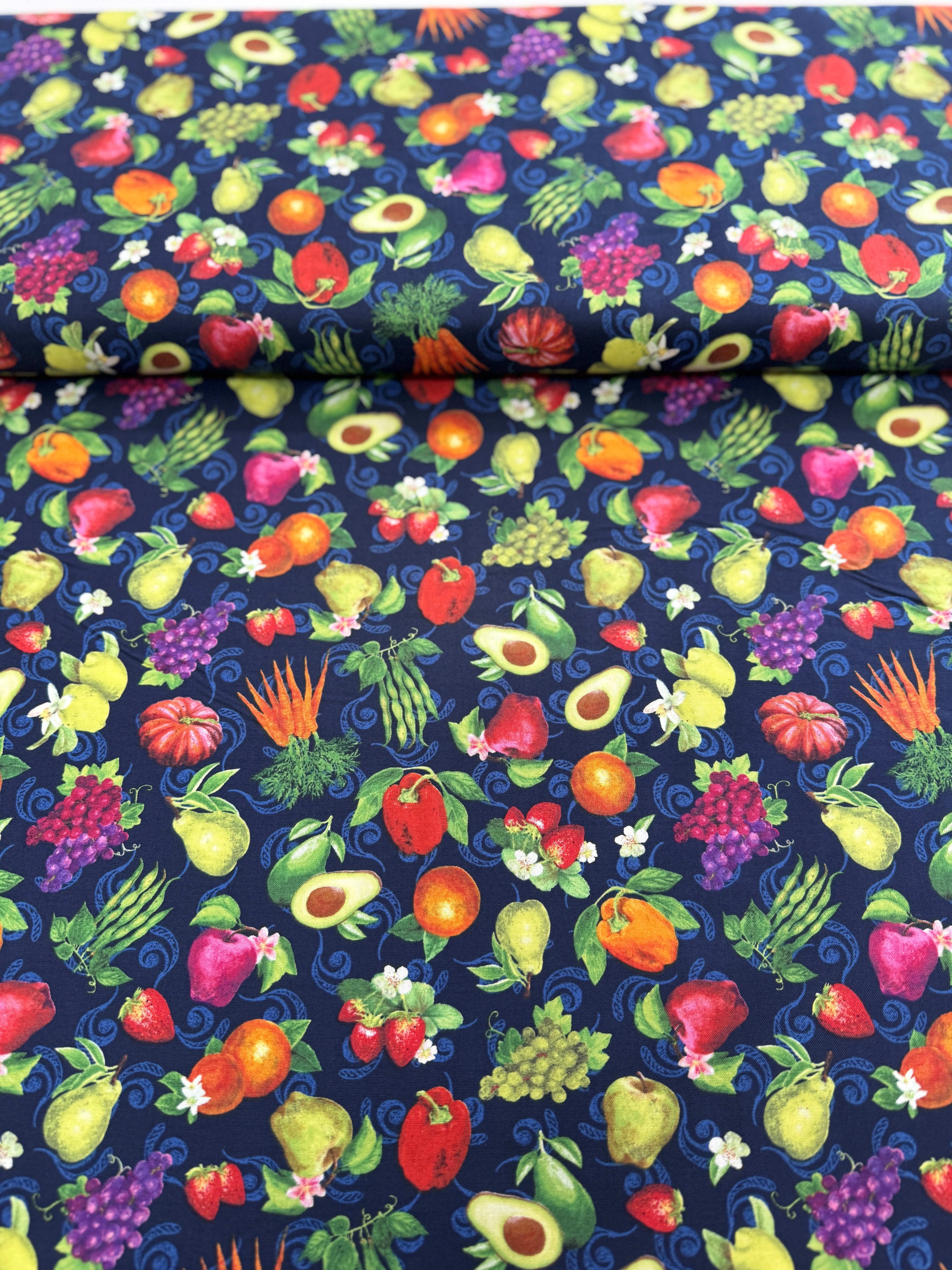 Fresh From the Grove - Fruit & Veggies Toss Navy Yardage