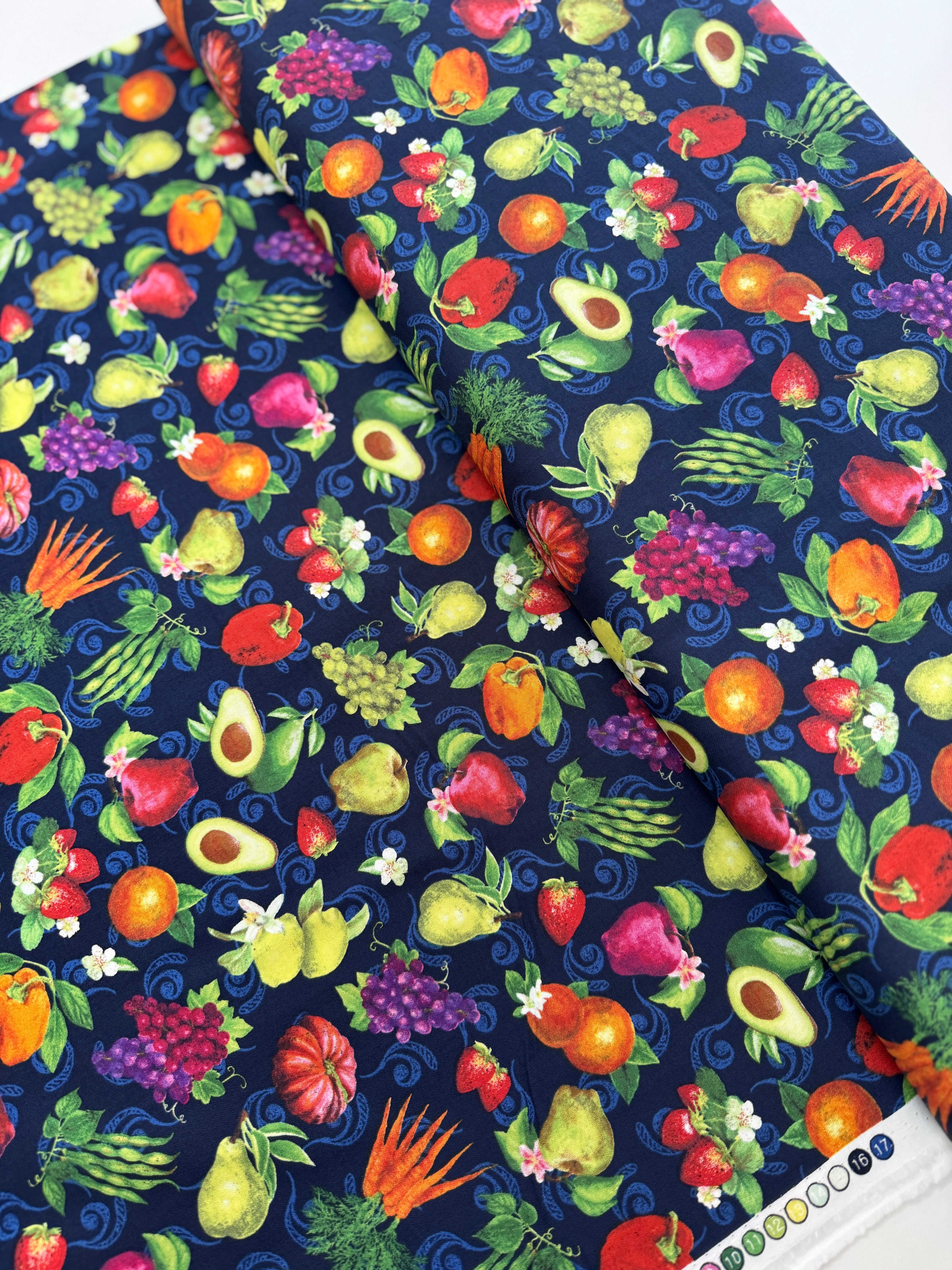 Fresh From the Grove - Fruit & Veggies Toss Navy Yardage