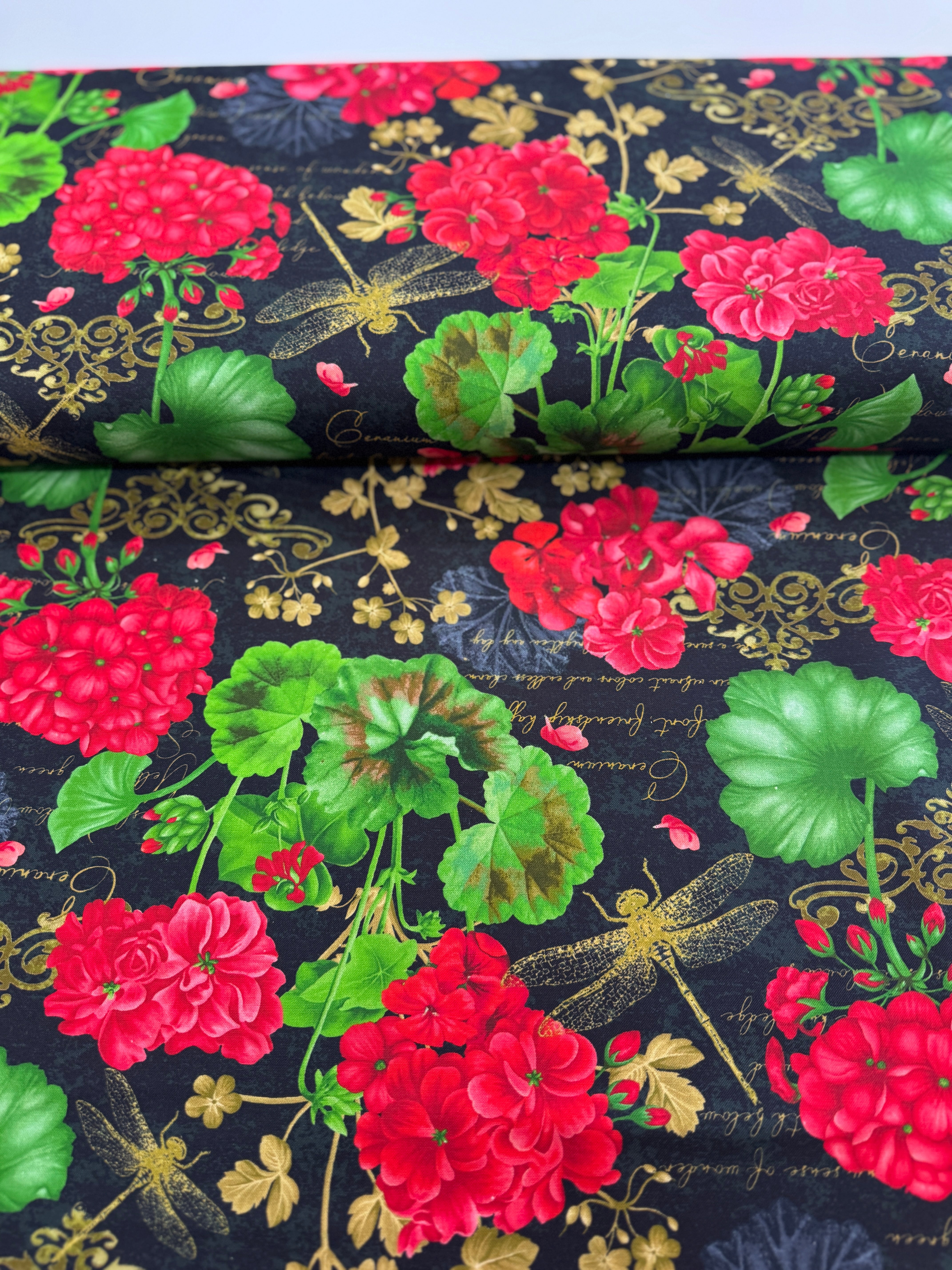 Scarlet Beauty - Geranium Dragonfly Collage Yardage