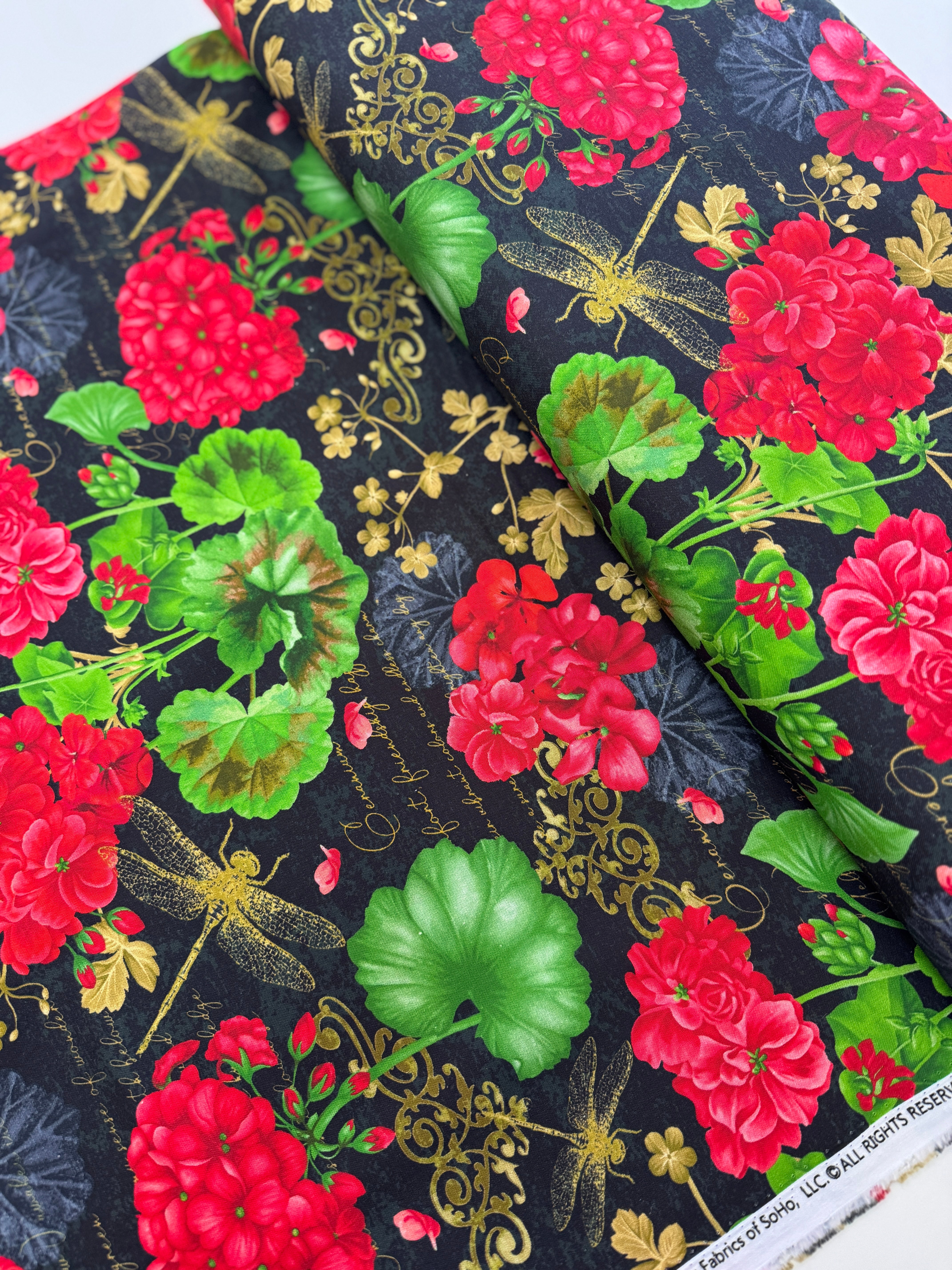 Scarlet Beauty - Geranium Dragonfly Collage Yardage