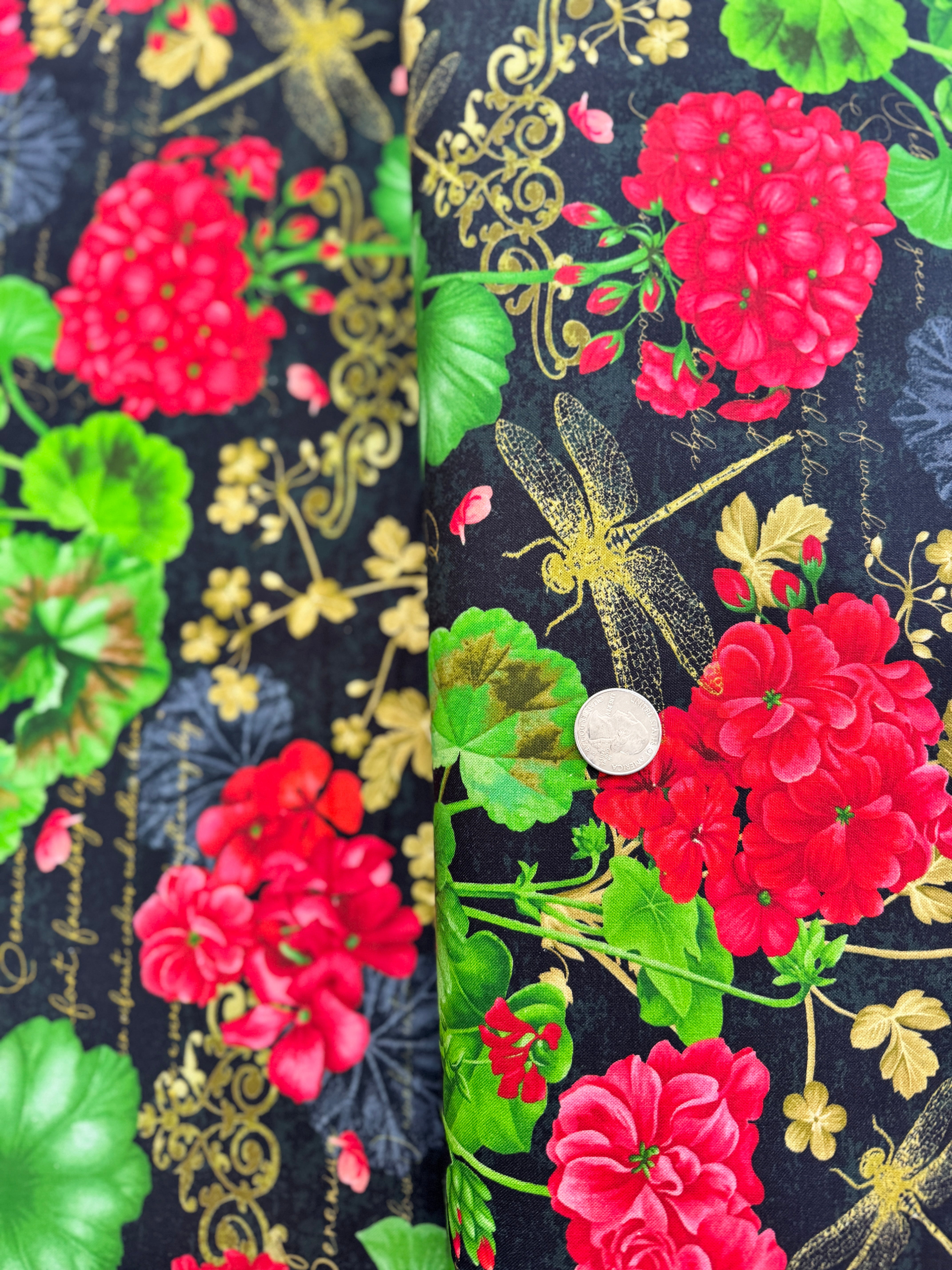 Scarlet Beauty - Geranium Dragonfly Collage Yardage