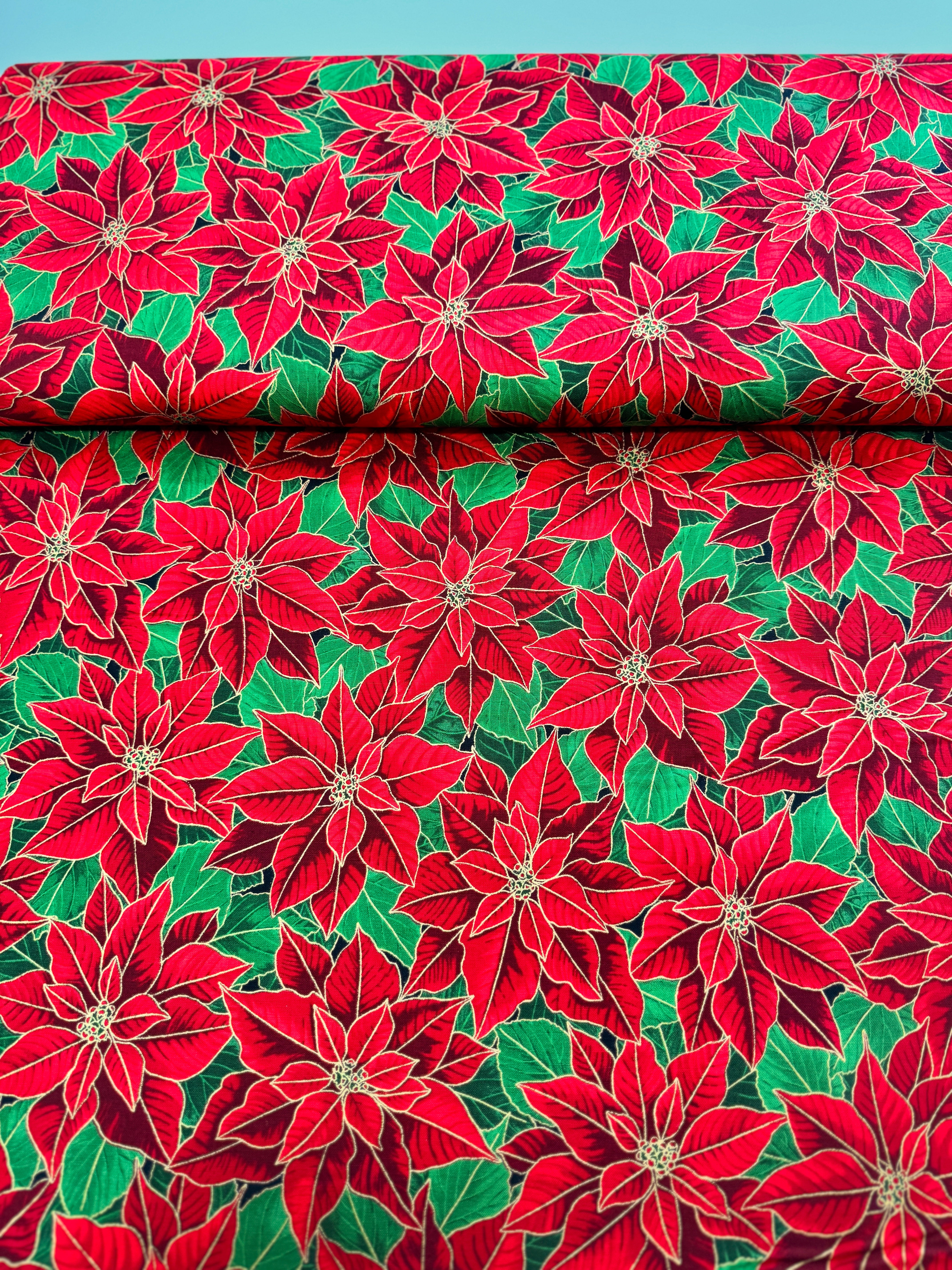 Holiday Flourish 15 - Holiday Poinsettias Gold Metallic Yardage