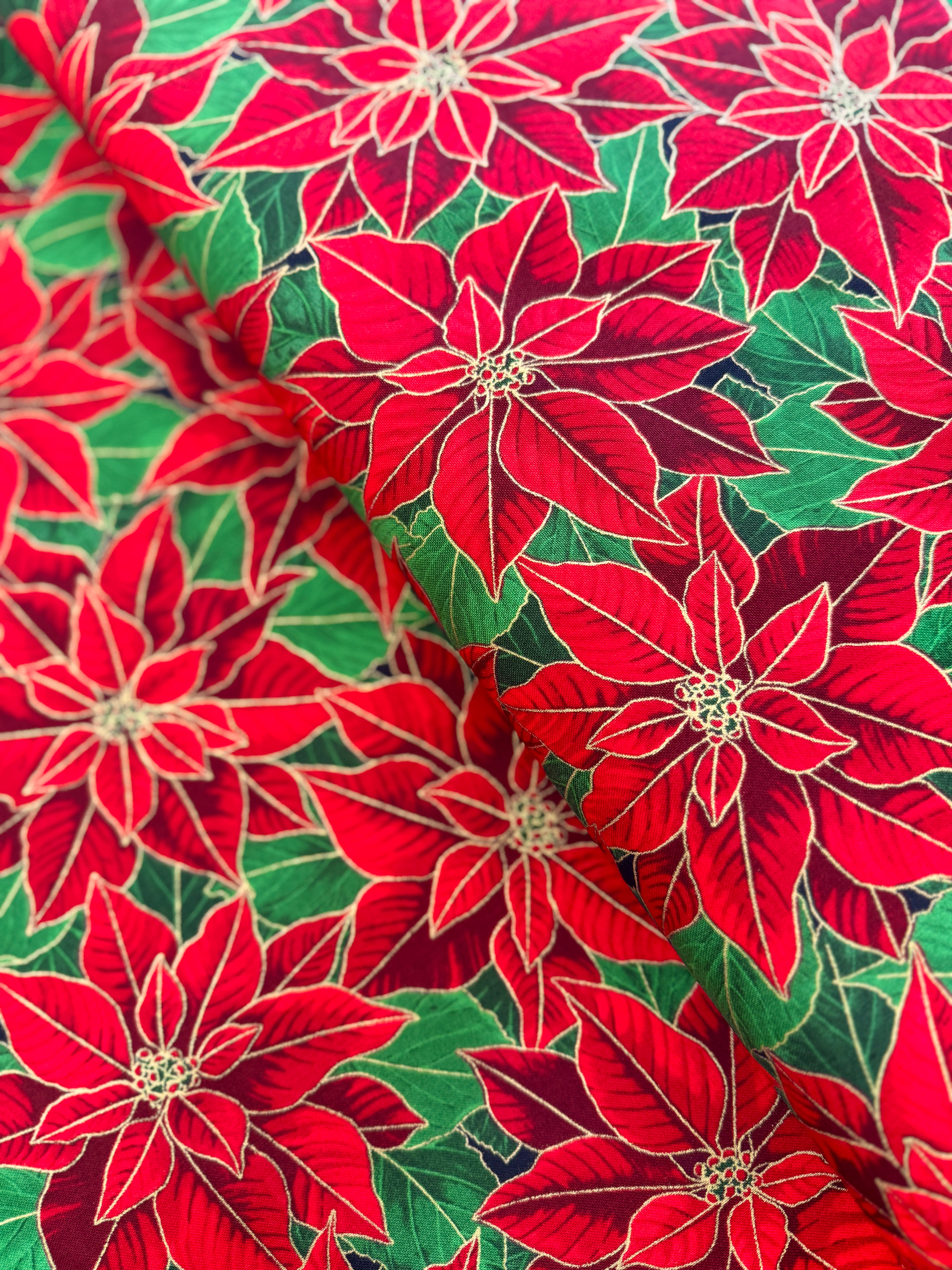 Holiday Flourish 15 - Holiday Poinsettias Gold Metallic Yardage