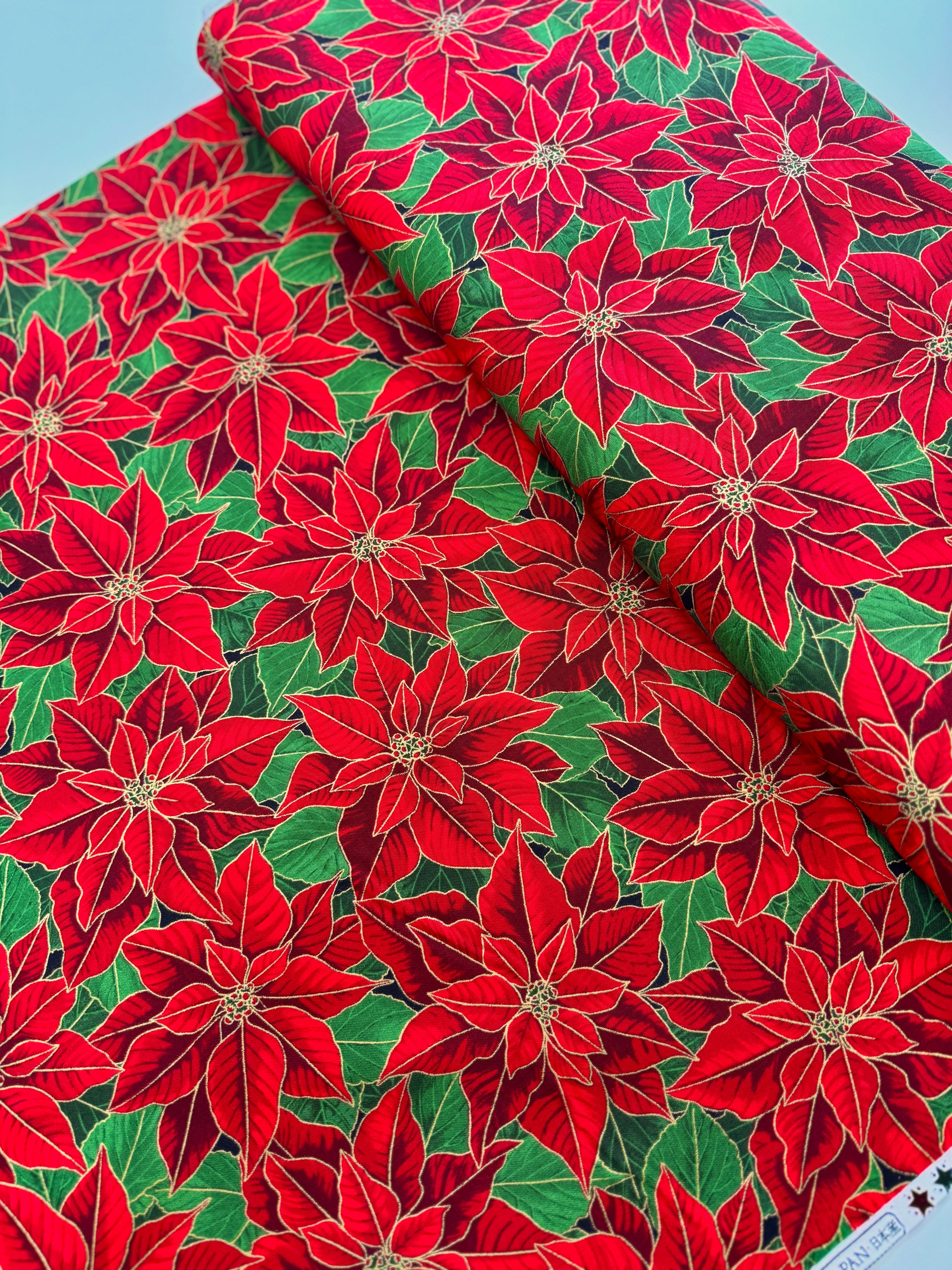 Holiday Flourish 15 - Holiday Poinsettias Gold Metallic Yardage