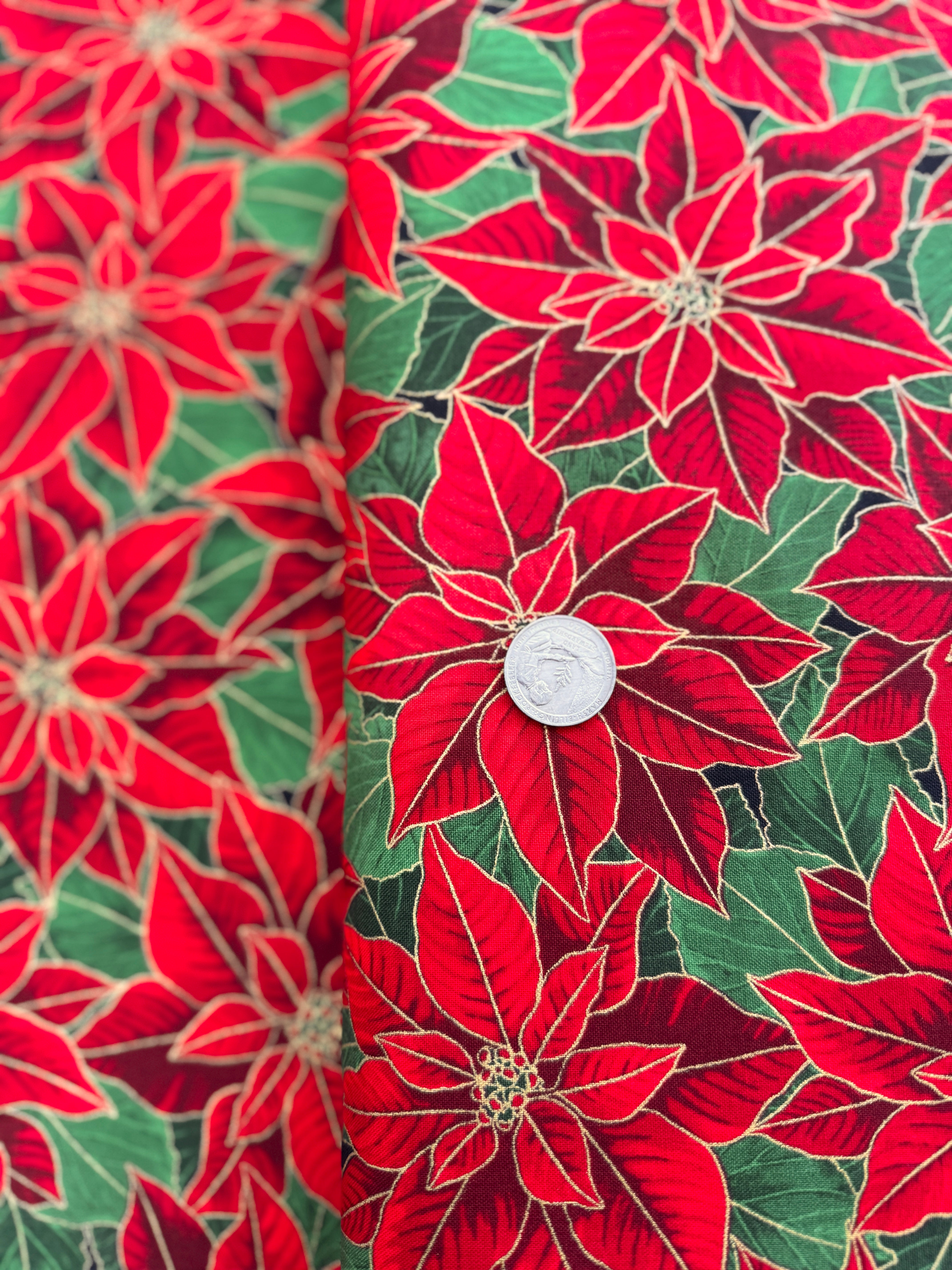 Holiday Flourish 15 - Holiday Poinsettias Gold Metallic Yardage