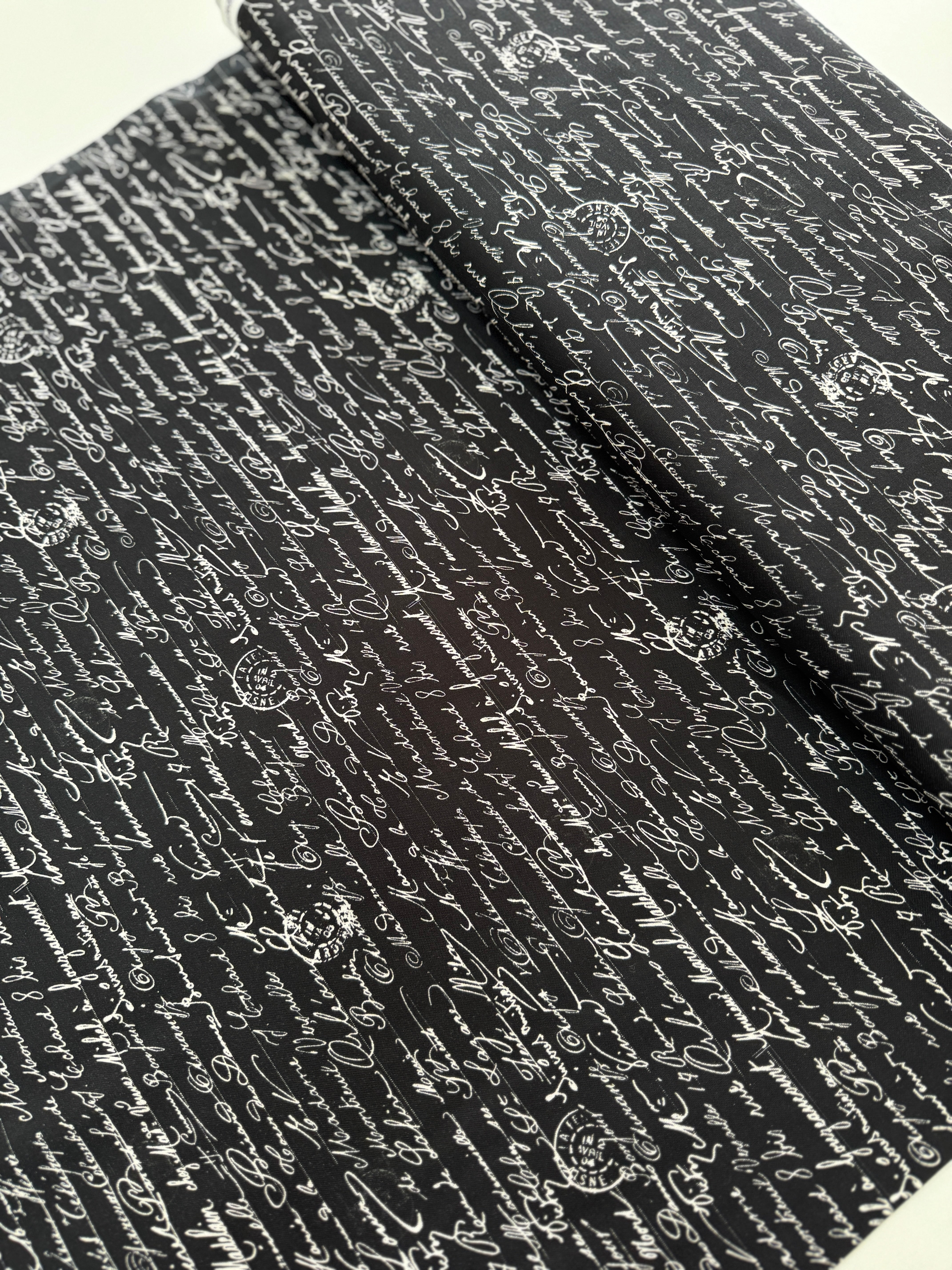 Vintage Rose - Handwriting Text Black Yardage