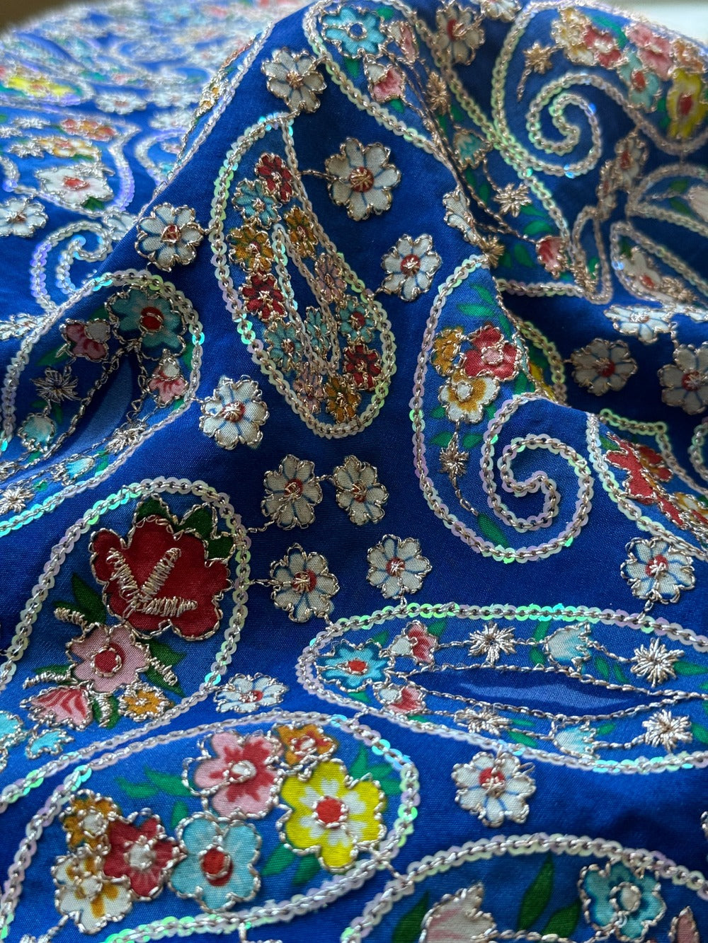 Blue Paisley Embroidered Crepe Silk Fabric with Sequin Detailing