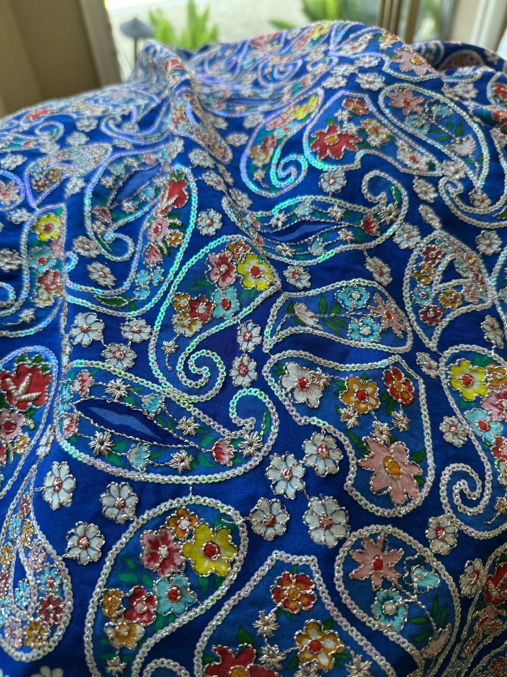 Blue Paisley Embroidered Crepe Silk Fabric with Sequin Detailing