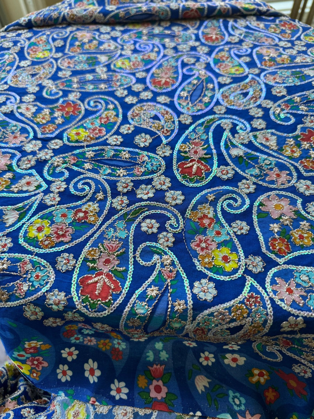 Blue Paisley Embroidered Crepe Silk Fabric with Sequin Detailing