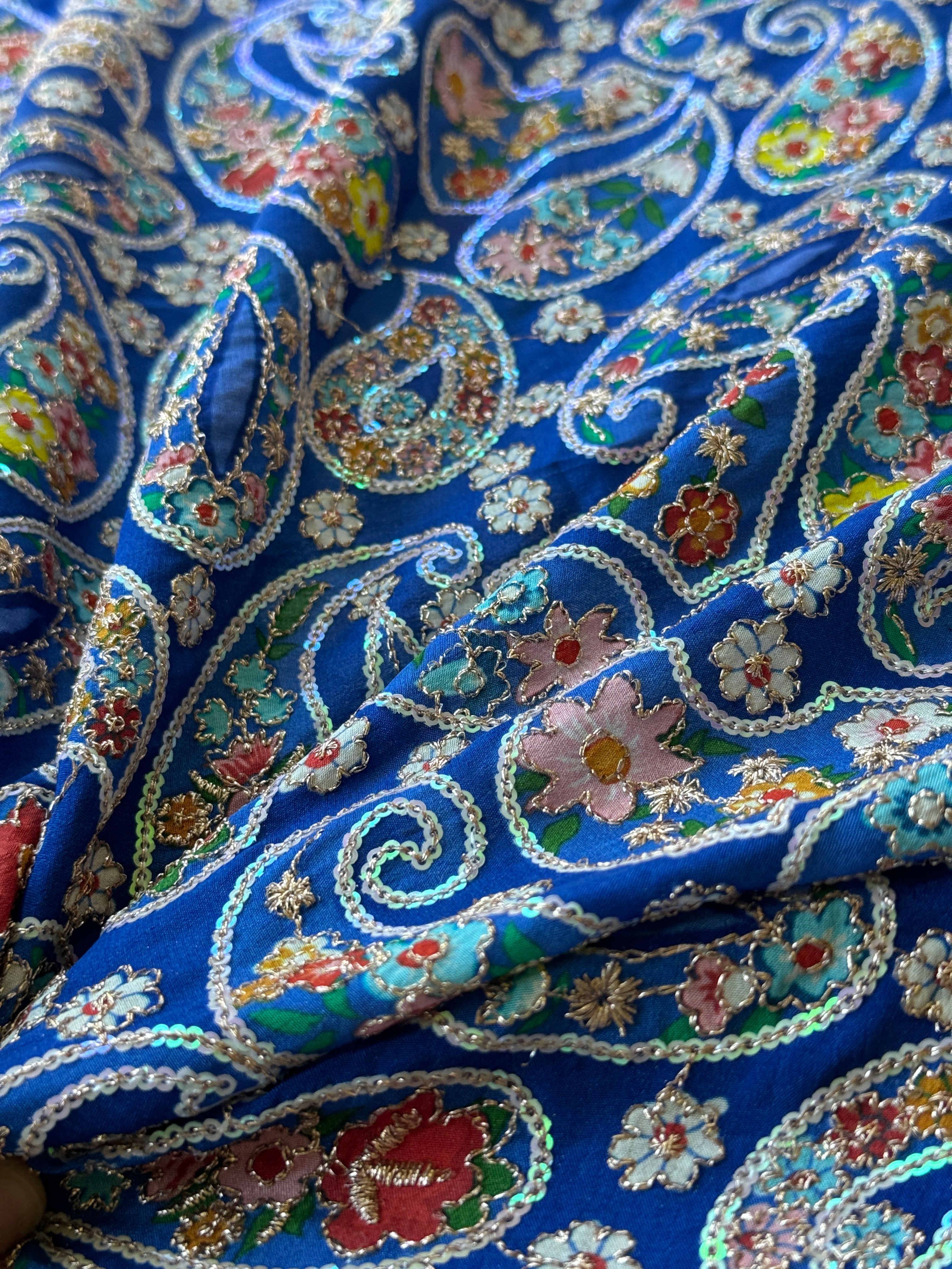 Blue Paisley Embroidered Crepe Silk Fabric with Sequin Detailing