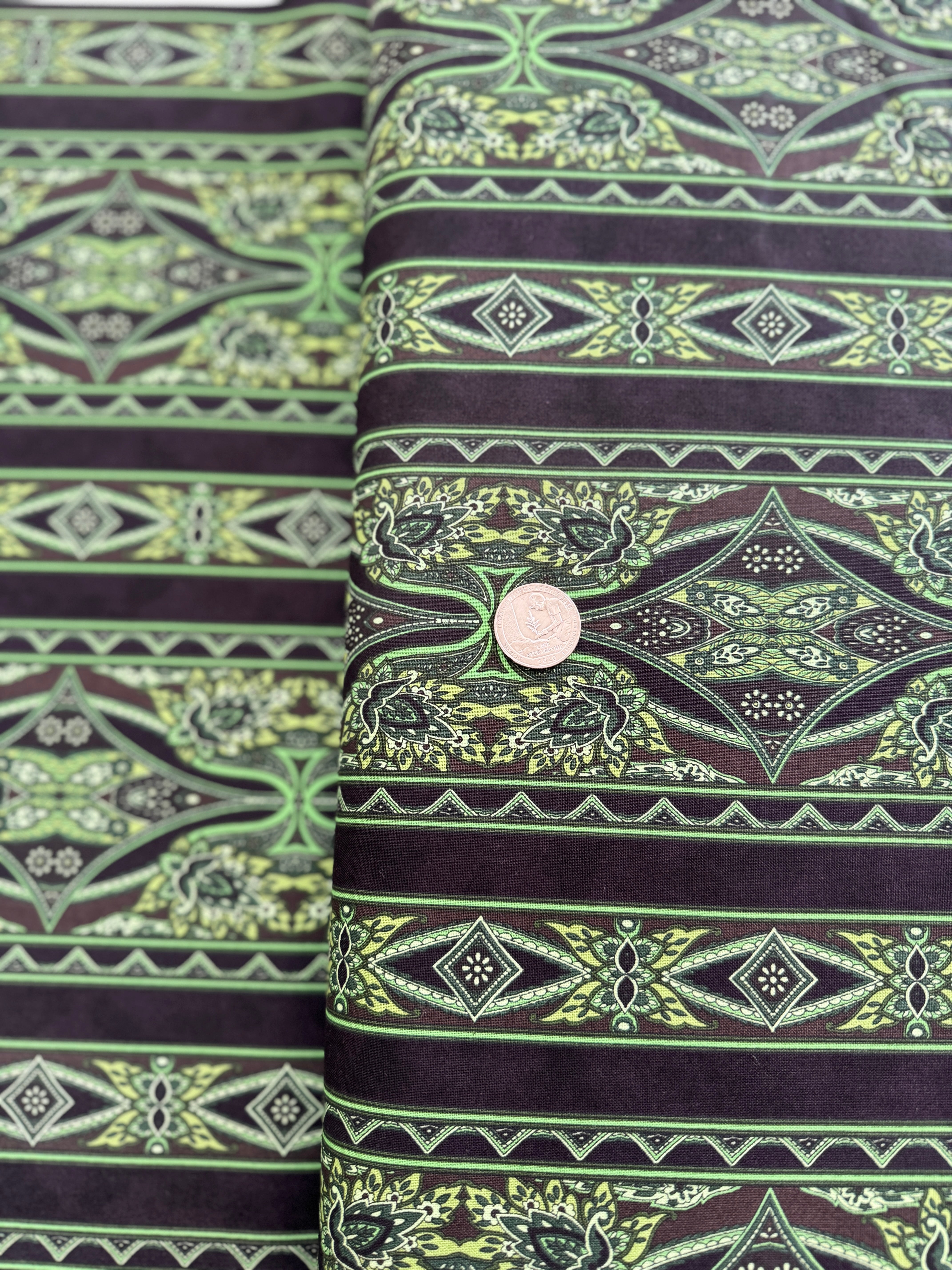 Maison Border Brown Green Fabric by Jinny Beyer for RJR Fabrics – classic brown and green border quilting cotton