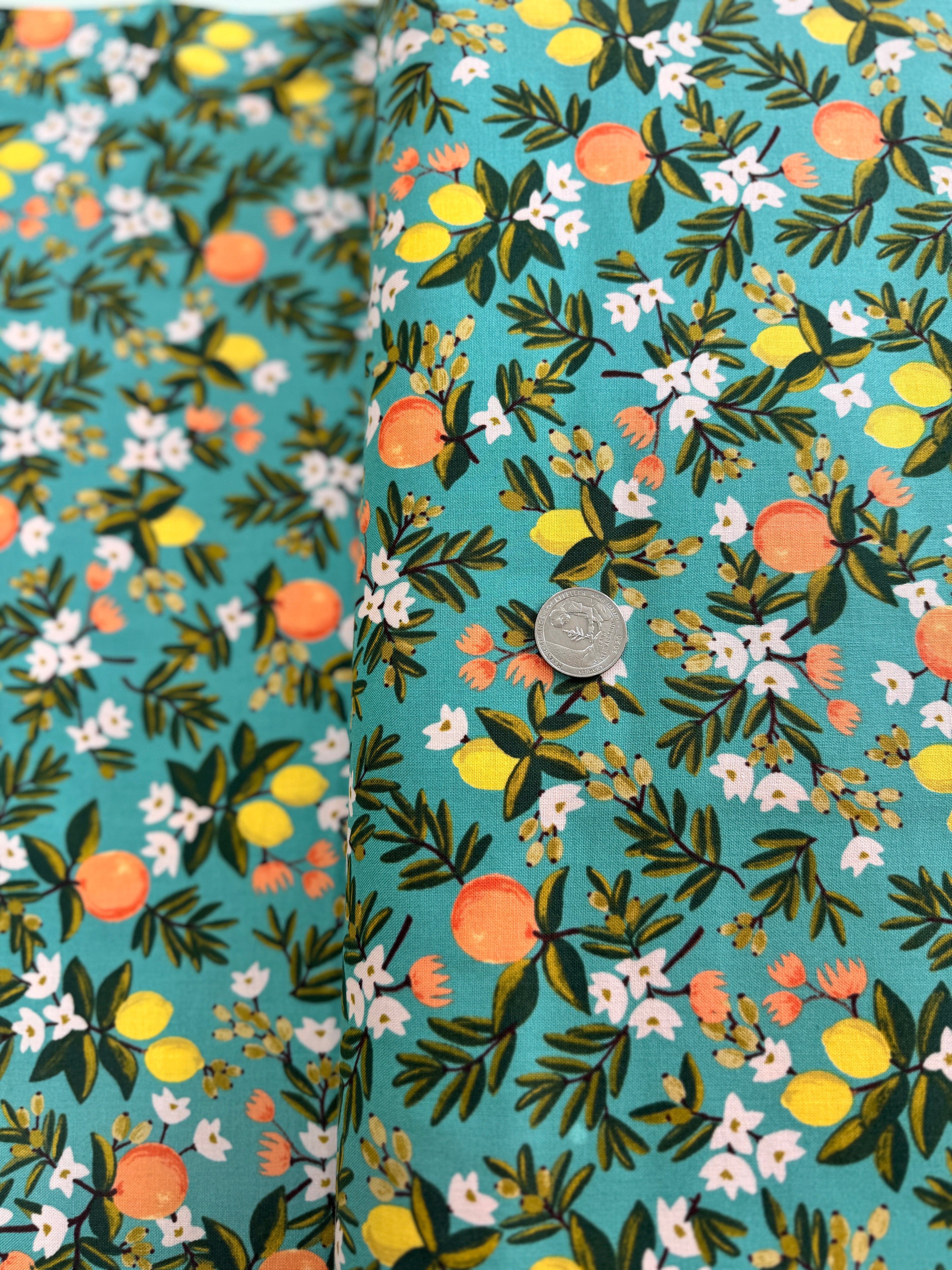 Citrus Floral Teal – teal cotton fabric with lemons and white florals by Rifle Paper Co. for Cotton + Steel.