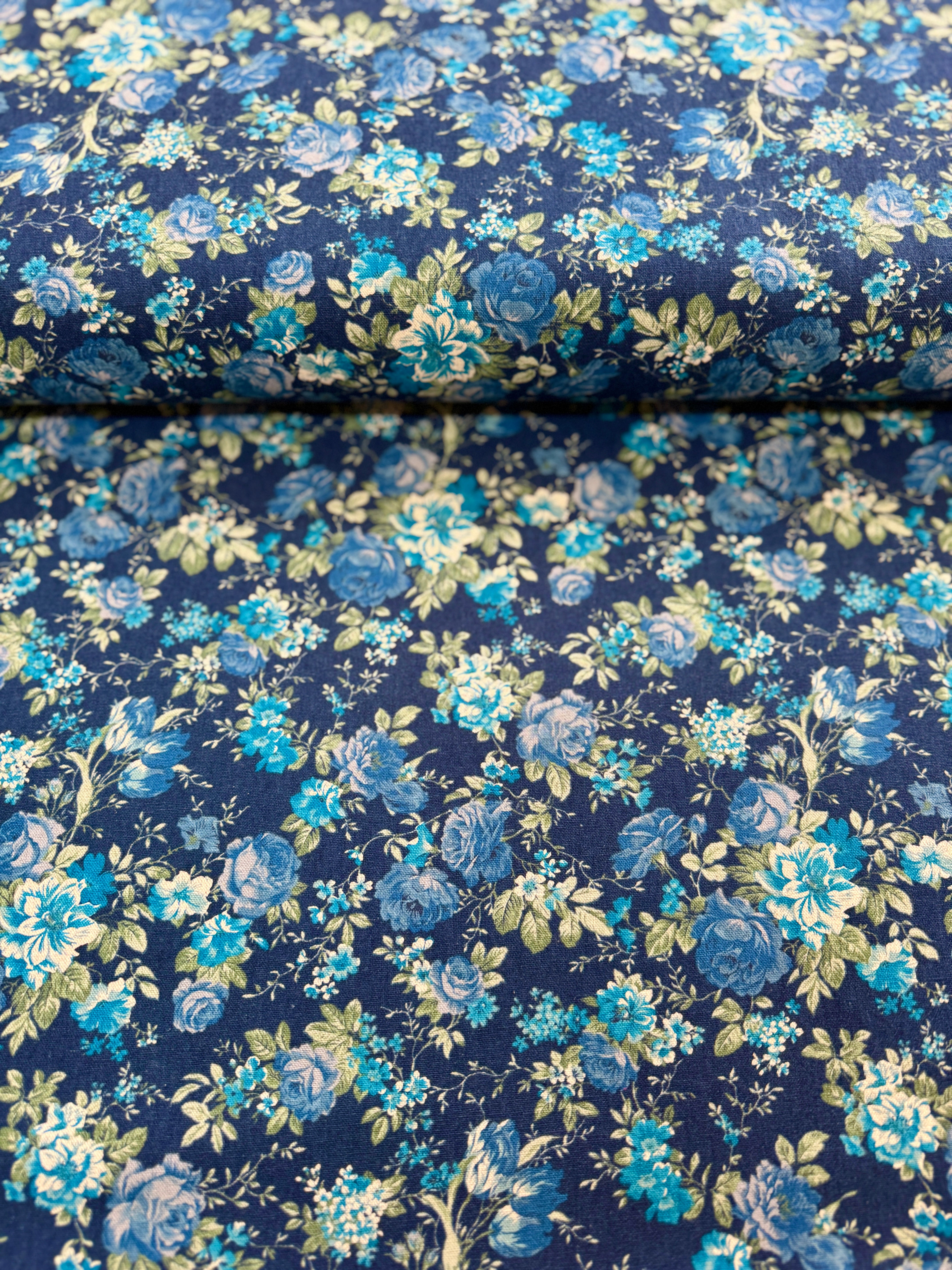 Sevenberry Cotton Flax Prints - Florals Navy Yardage