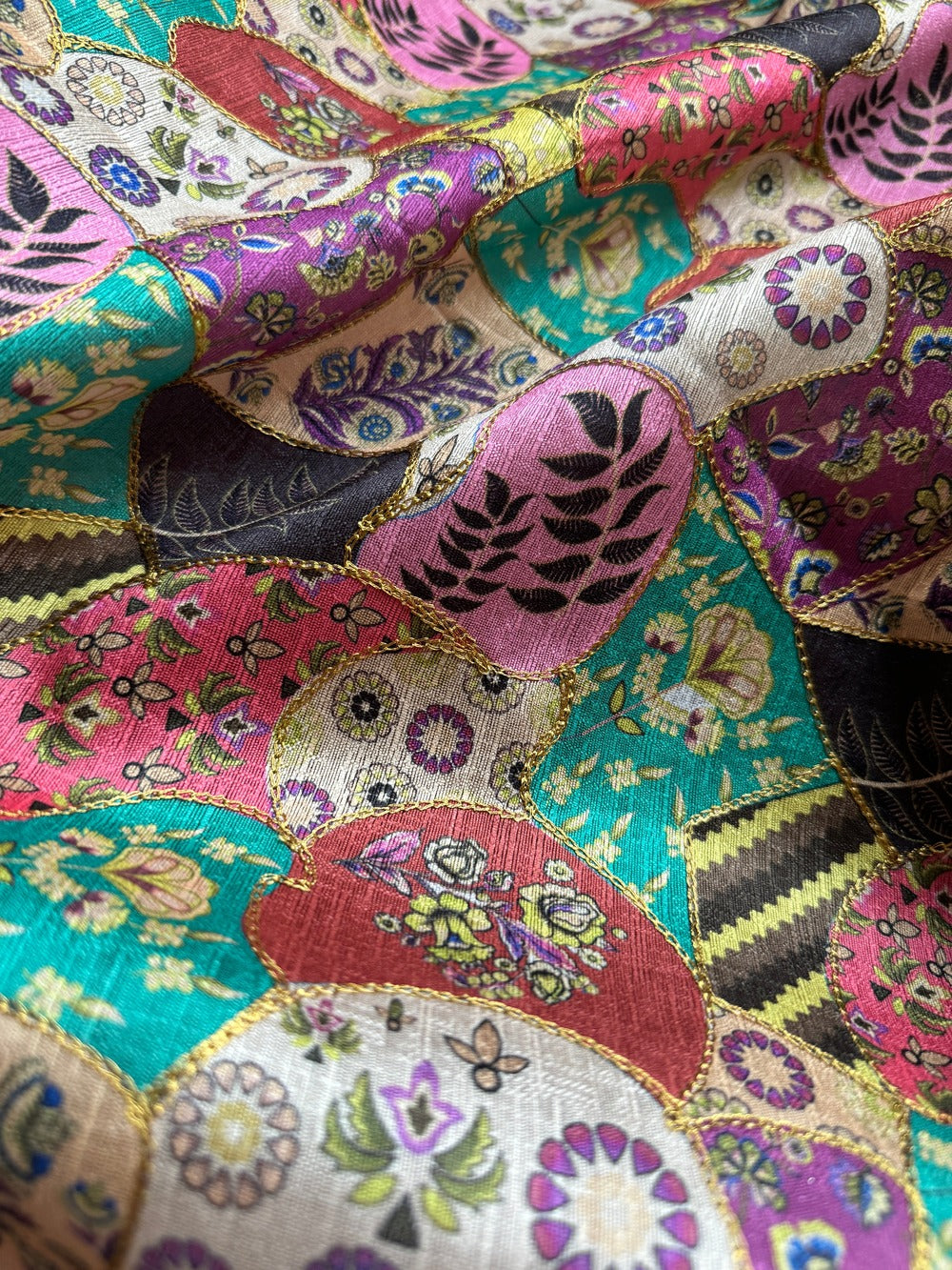 Printed Artificial Raw Silk with Embroidery Fabric