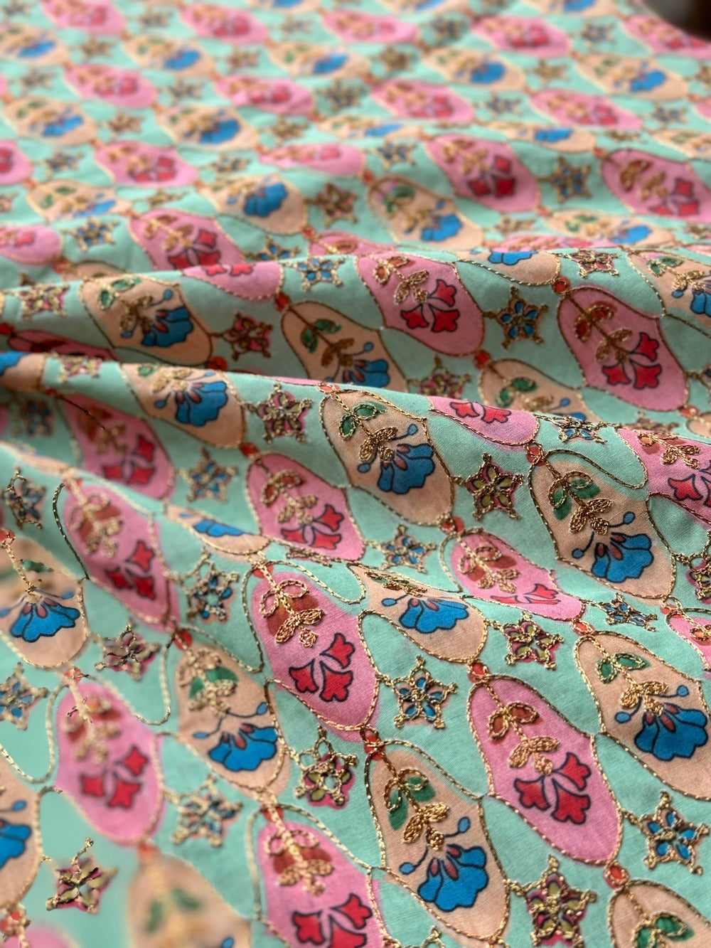Floral Printed Artificial Raw Silk with Gold Thread Embroidery