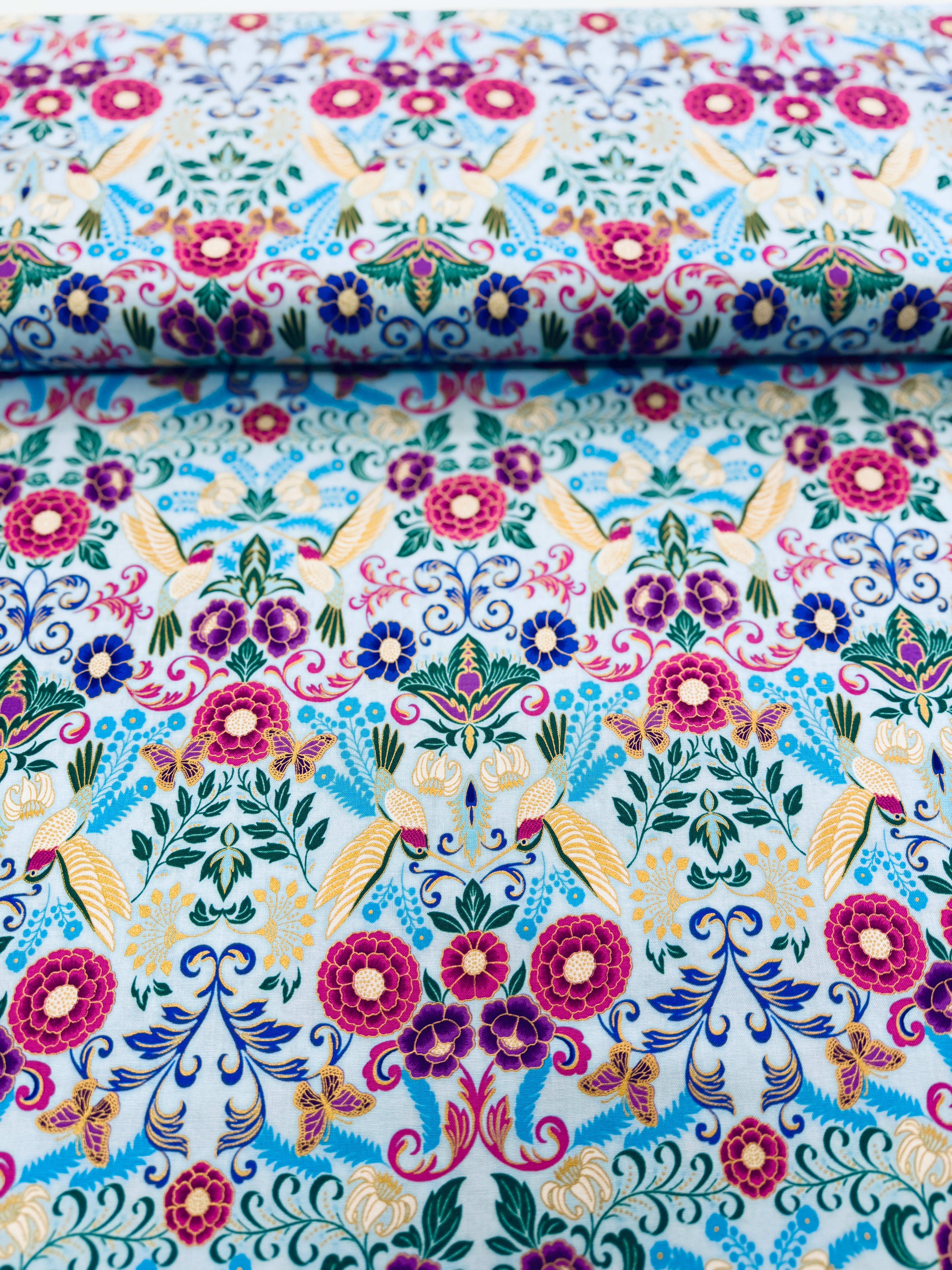 Midnight Nectar - Hummingbirds Sky Metallic Yardage