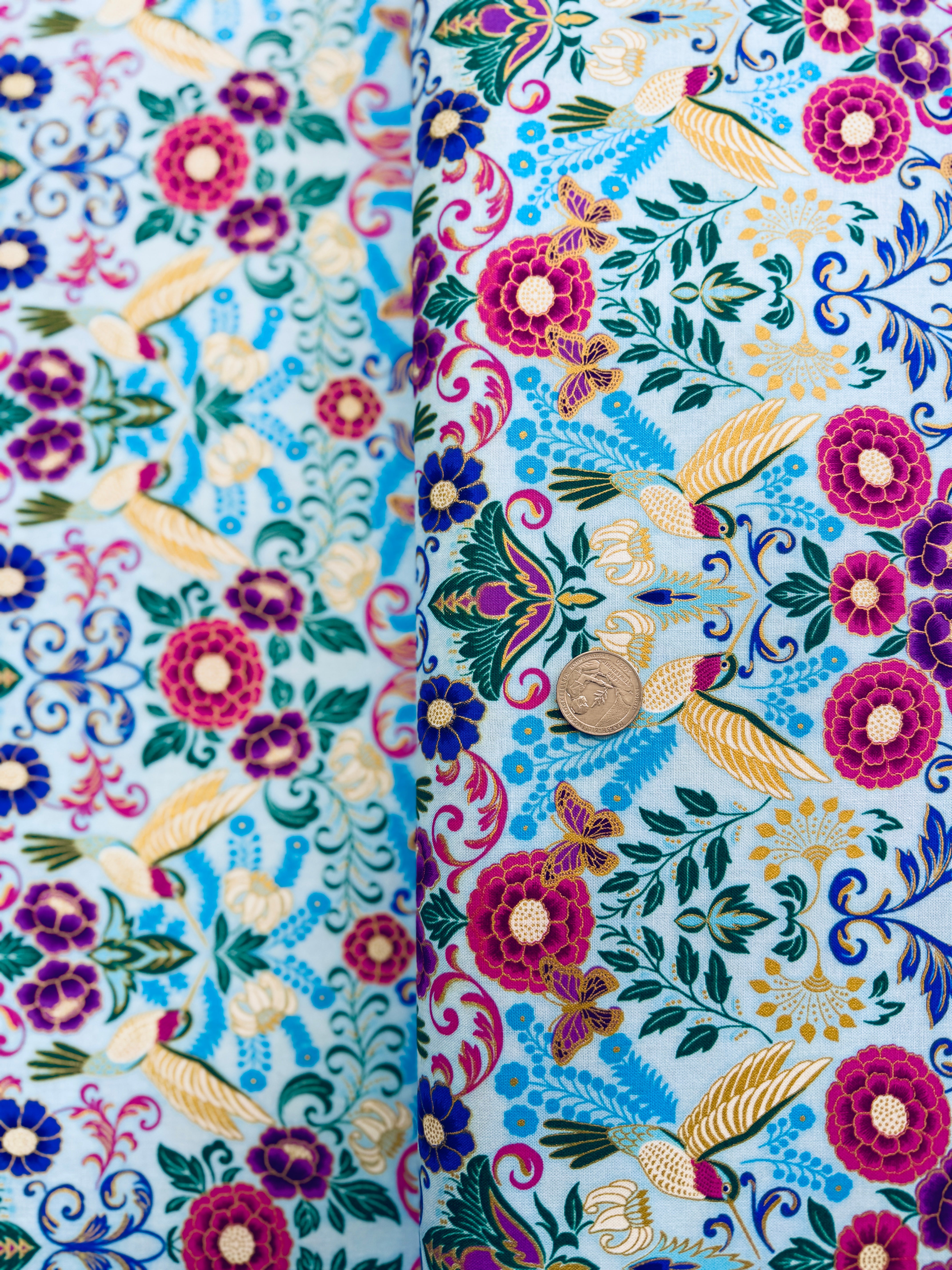 Midnight Nectar - Hummingbirds Sky Metallic Yardage