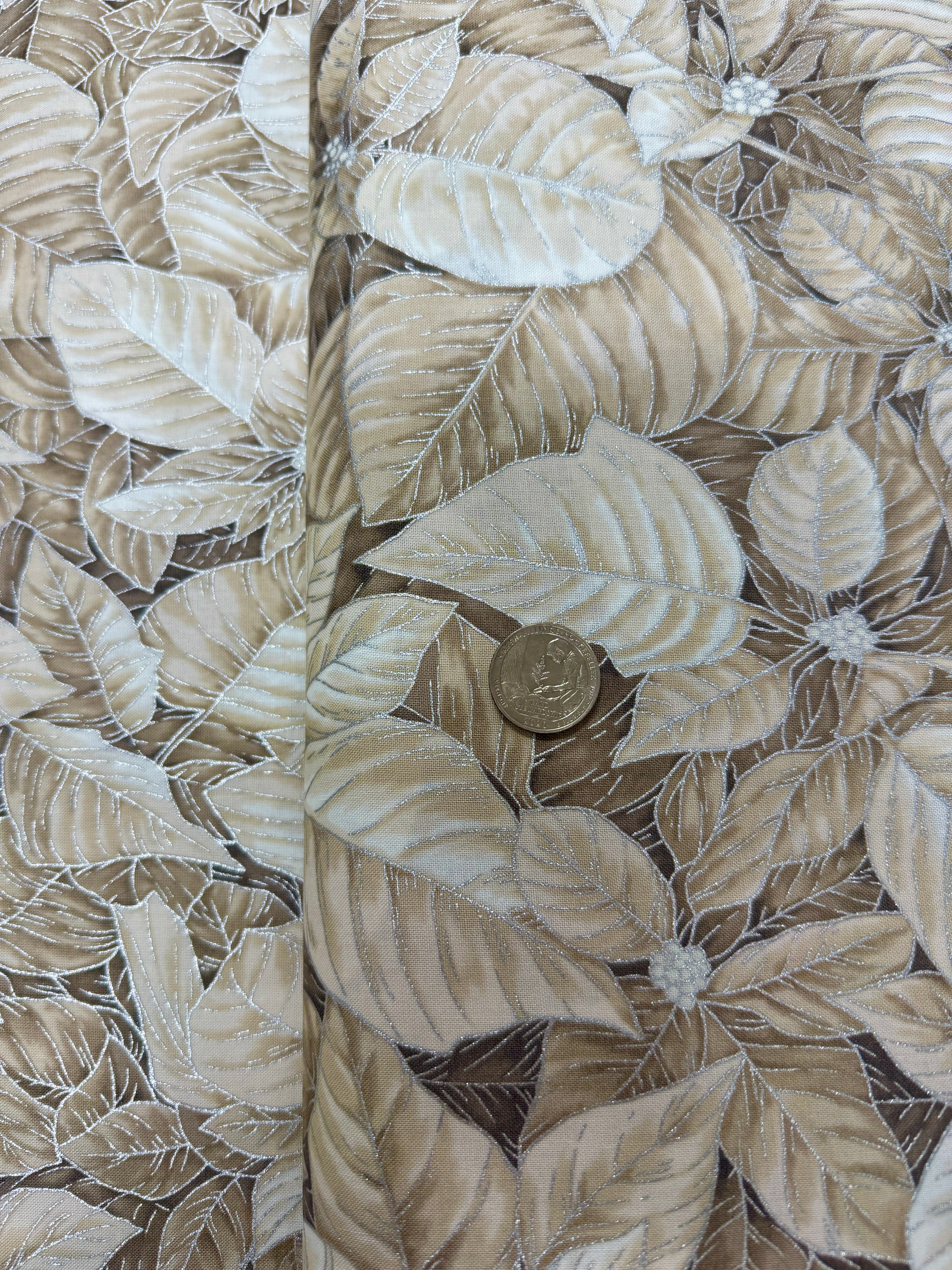 Holiday Flourish-Snow flower - Poinsettias Taupe Silver Metallic Yardage