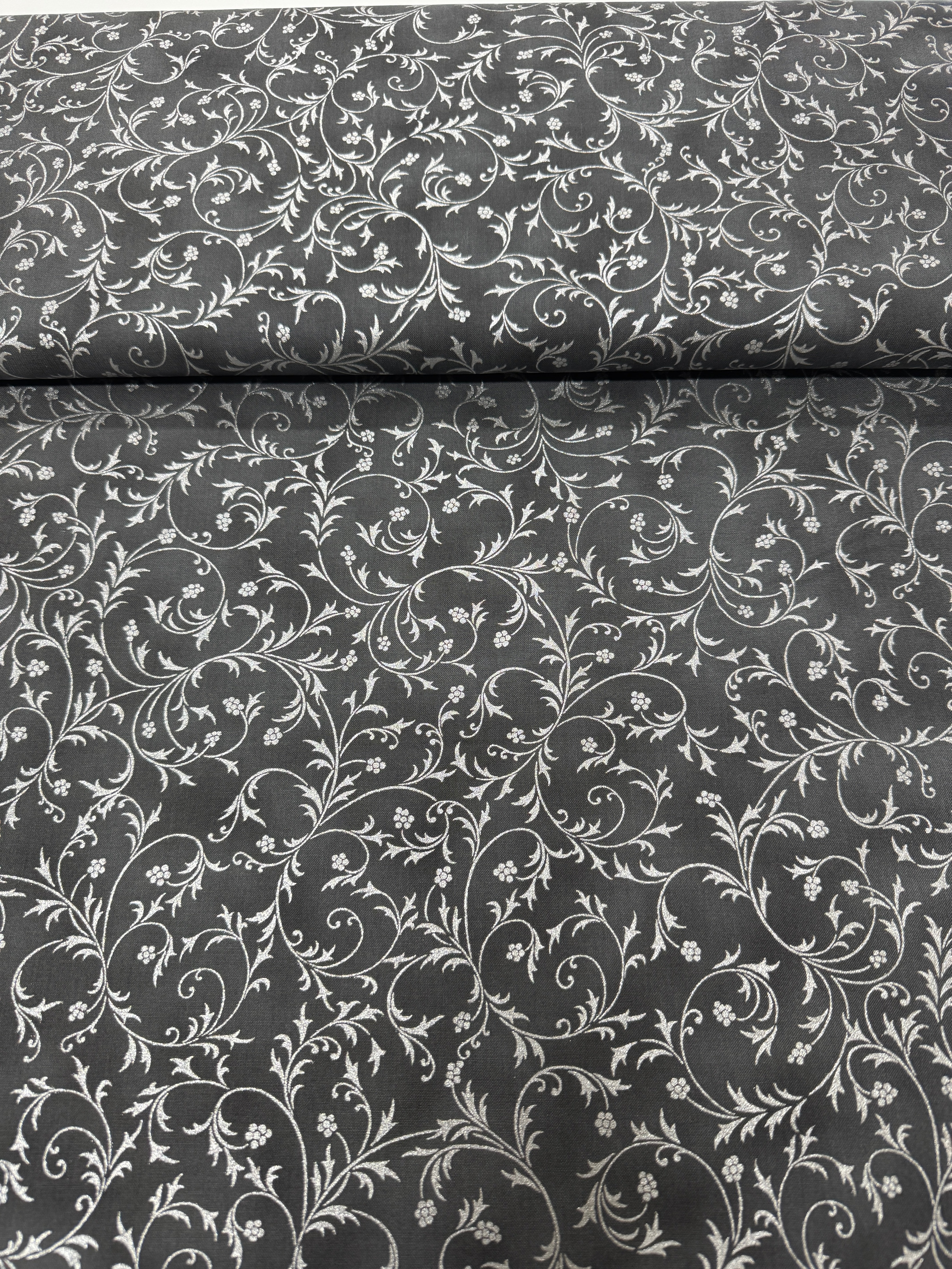 Holiday Flourish-Snow flower - Swirls Graphite Metallic Yardage