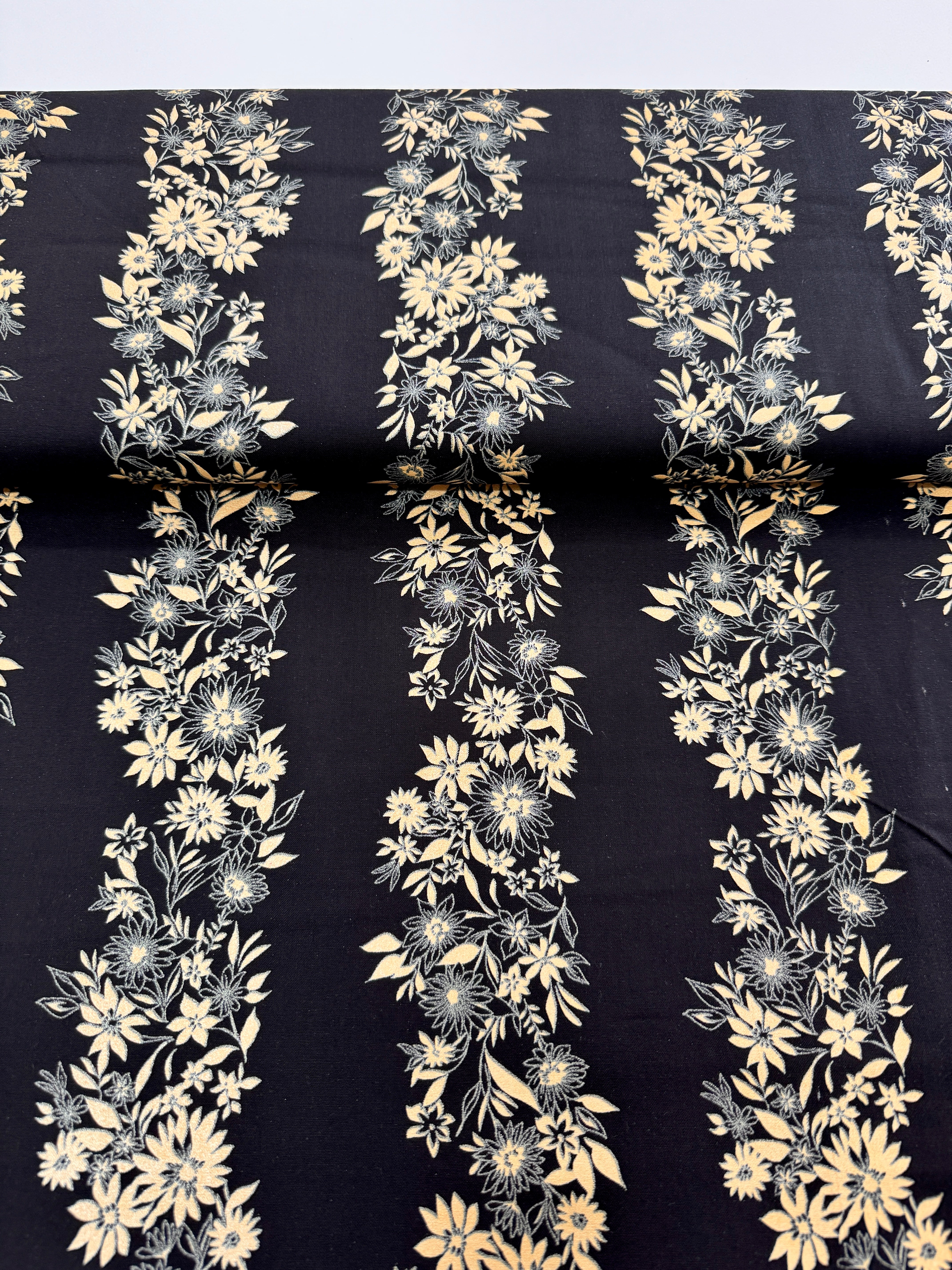 shimmer and shine - Shimmery Flower Stripe Black Gold Pearlescent Yardage