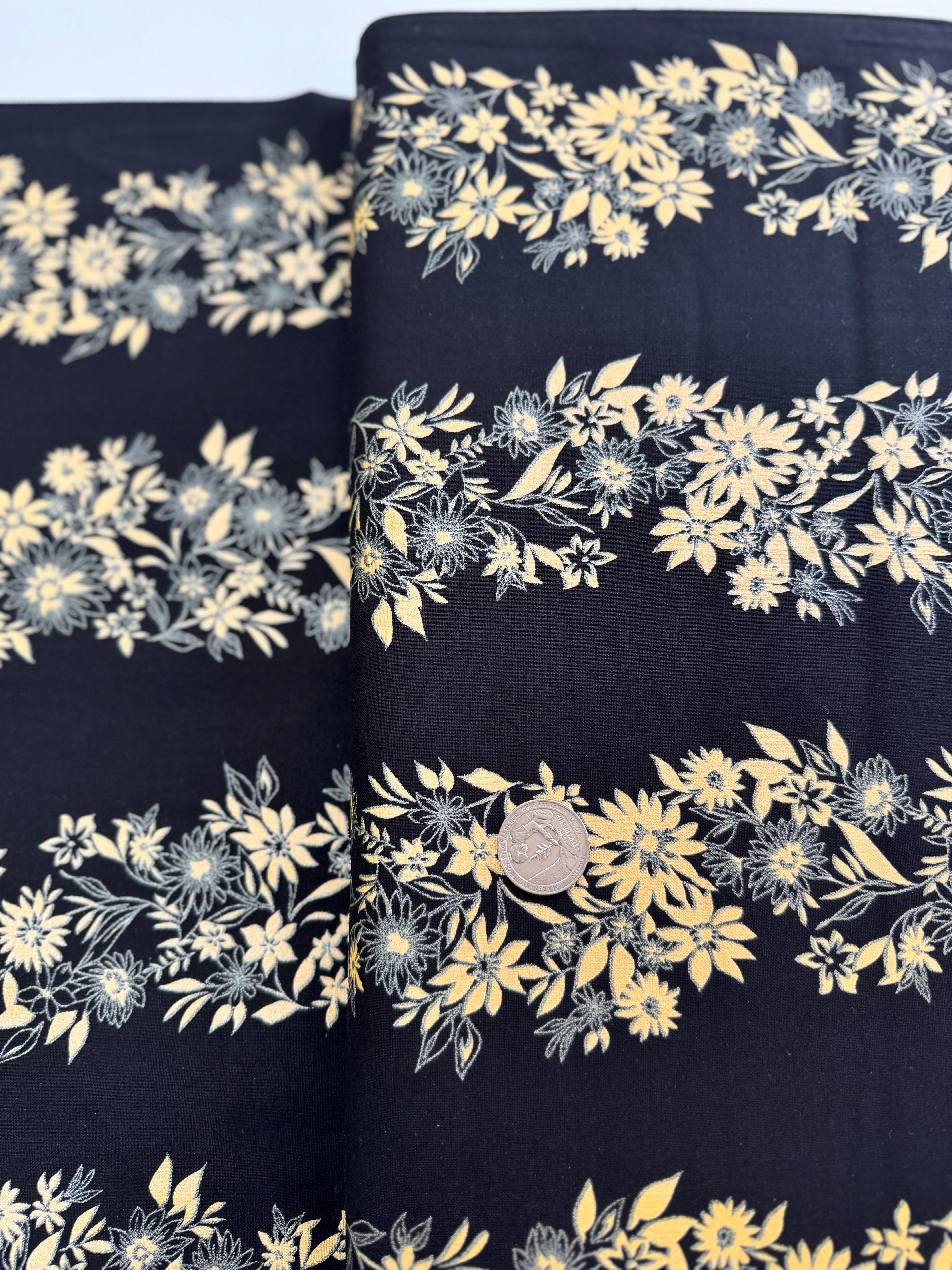 shimmer and shine - Shimmery Flower Stripe Black Gold Pearlescent Yardage