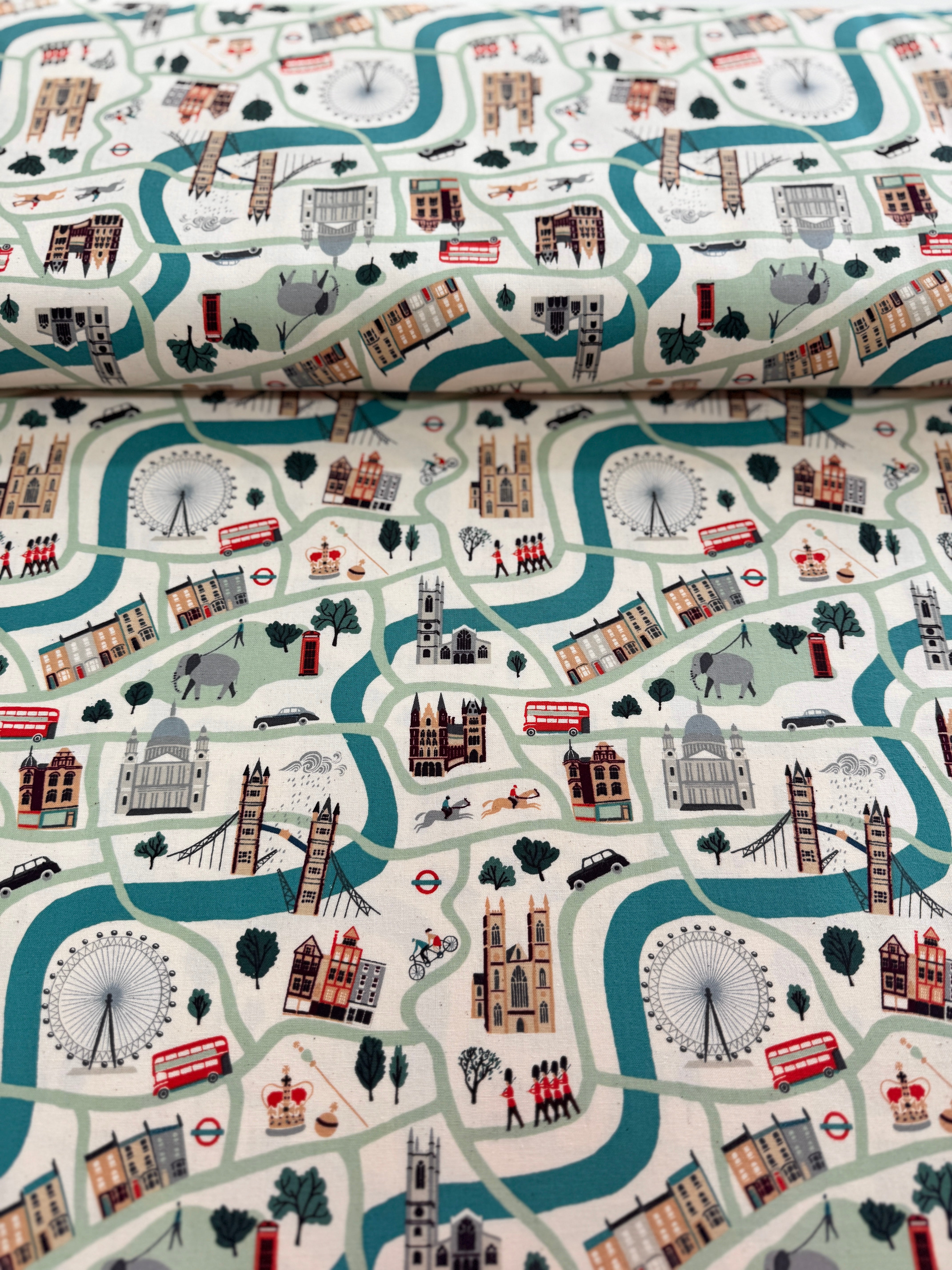 London Town London Forever White Unbleached Fabric by Sara Mulvanny for Cotton + Steel – illustrated city map print with London landmarks.