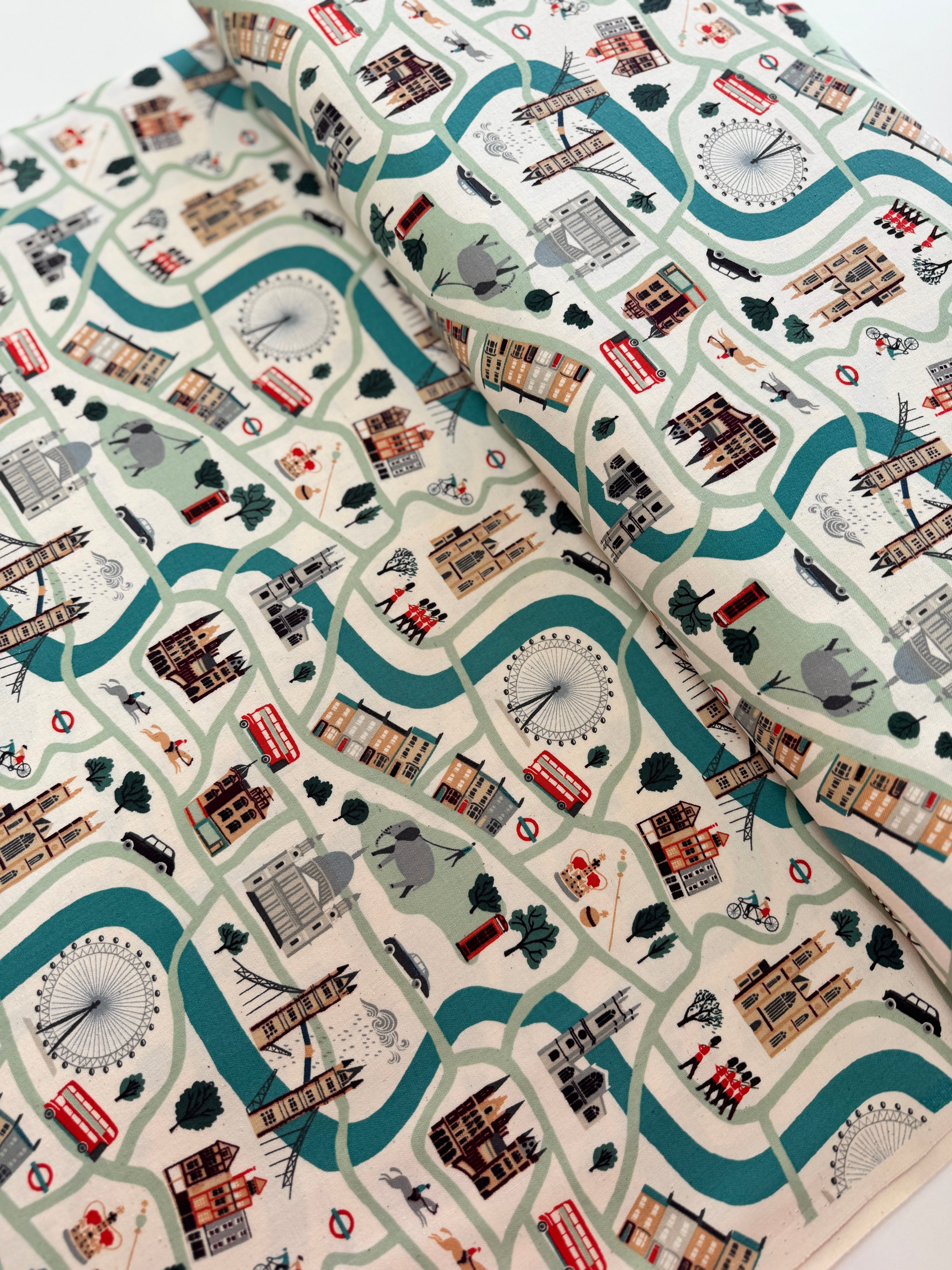 London Town London Forever White Unbleached Fabric by Sara Mulvanny for Cotton + Steel – illustrated city map print with London landmarks.