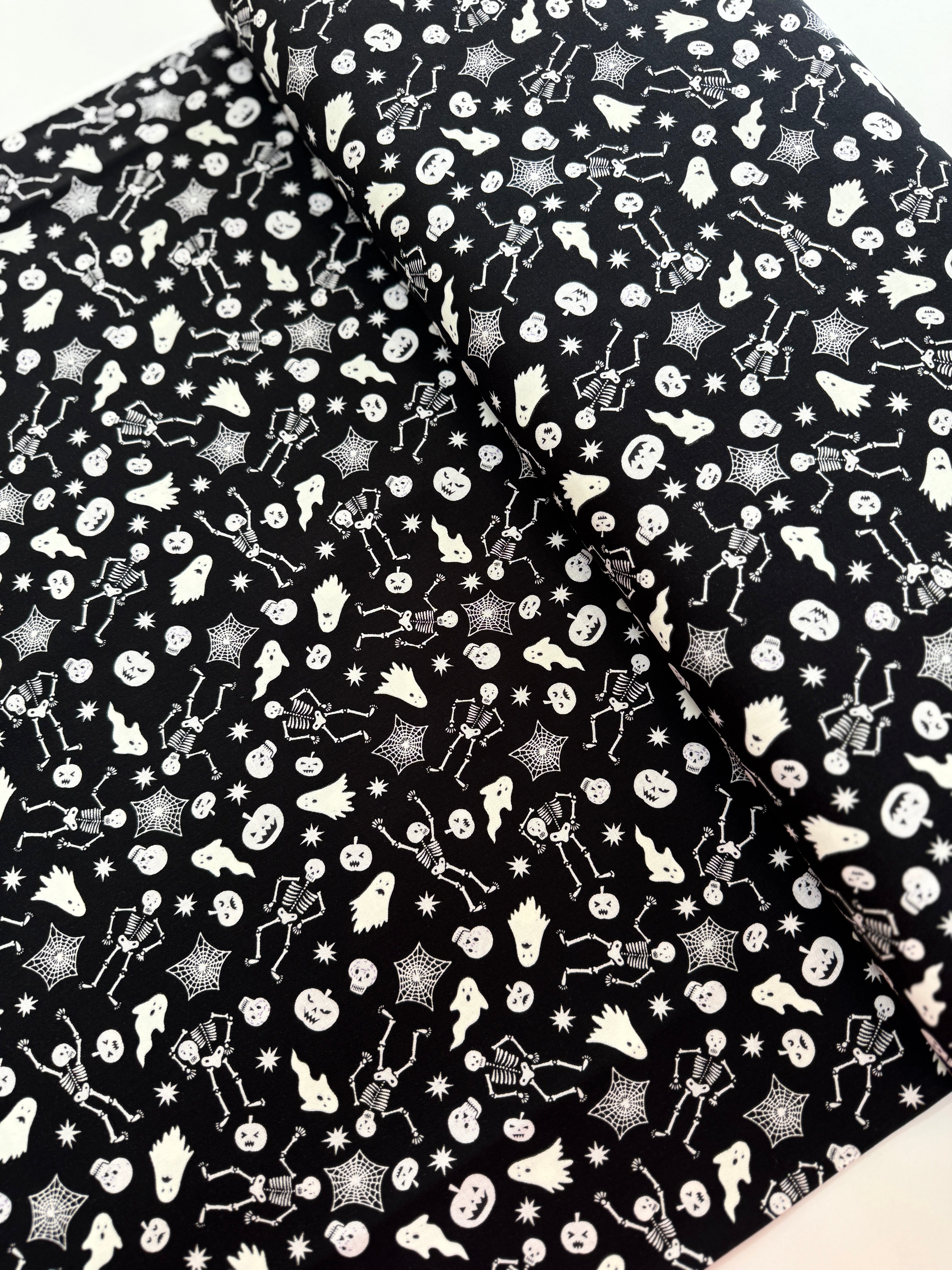 Witchy Woods - Spooky Friends on Black Glow in the Dark Yardage