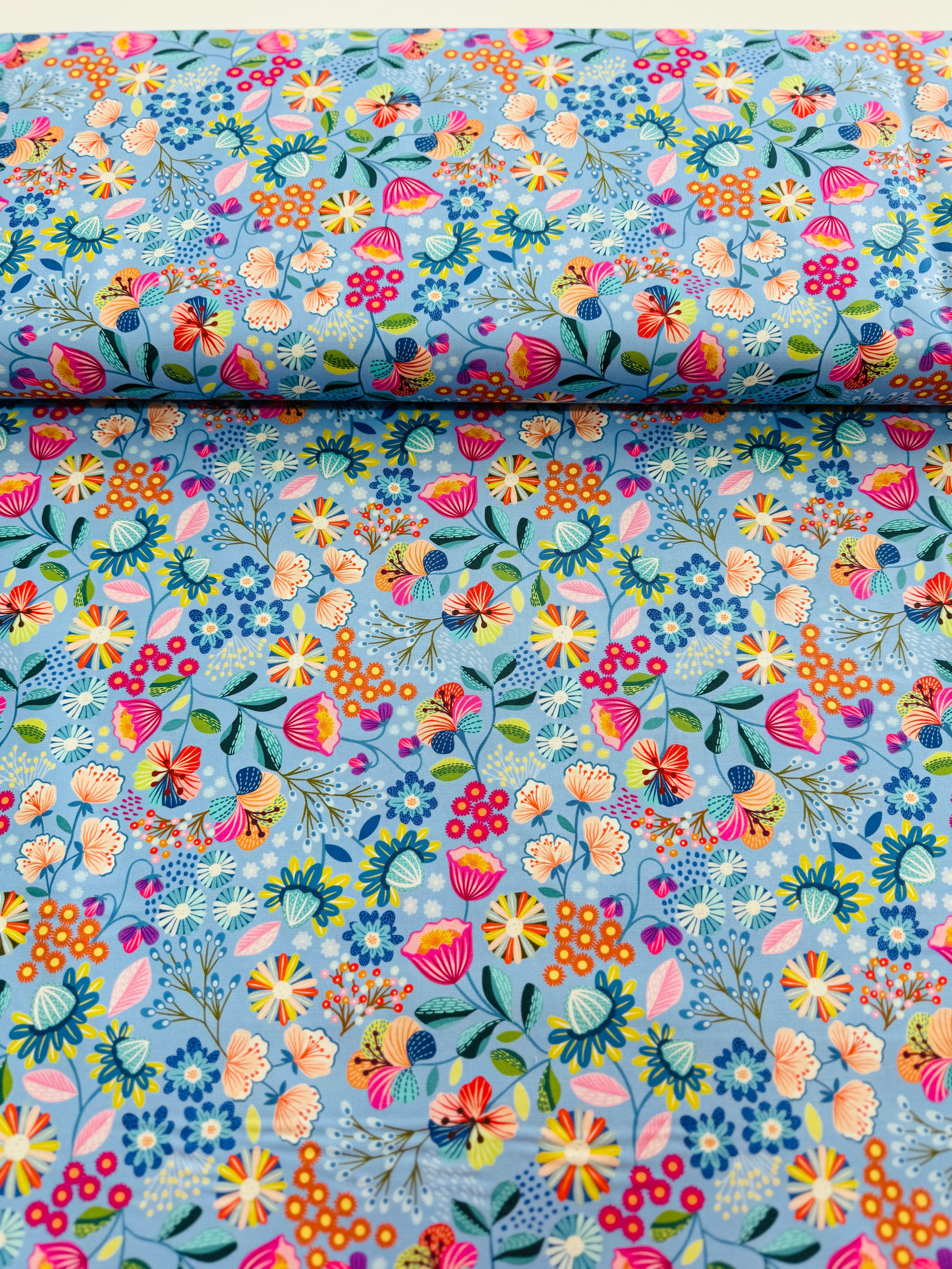Creative Landscapes Flowers on Blue Yardage