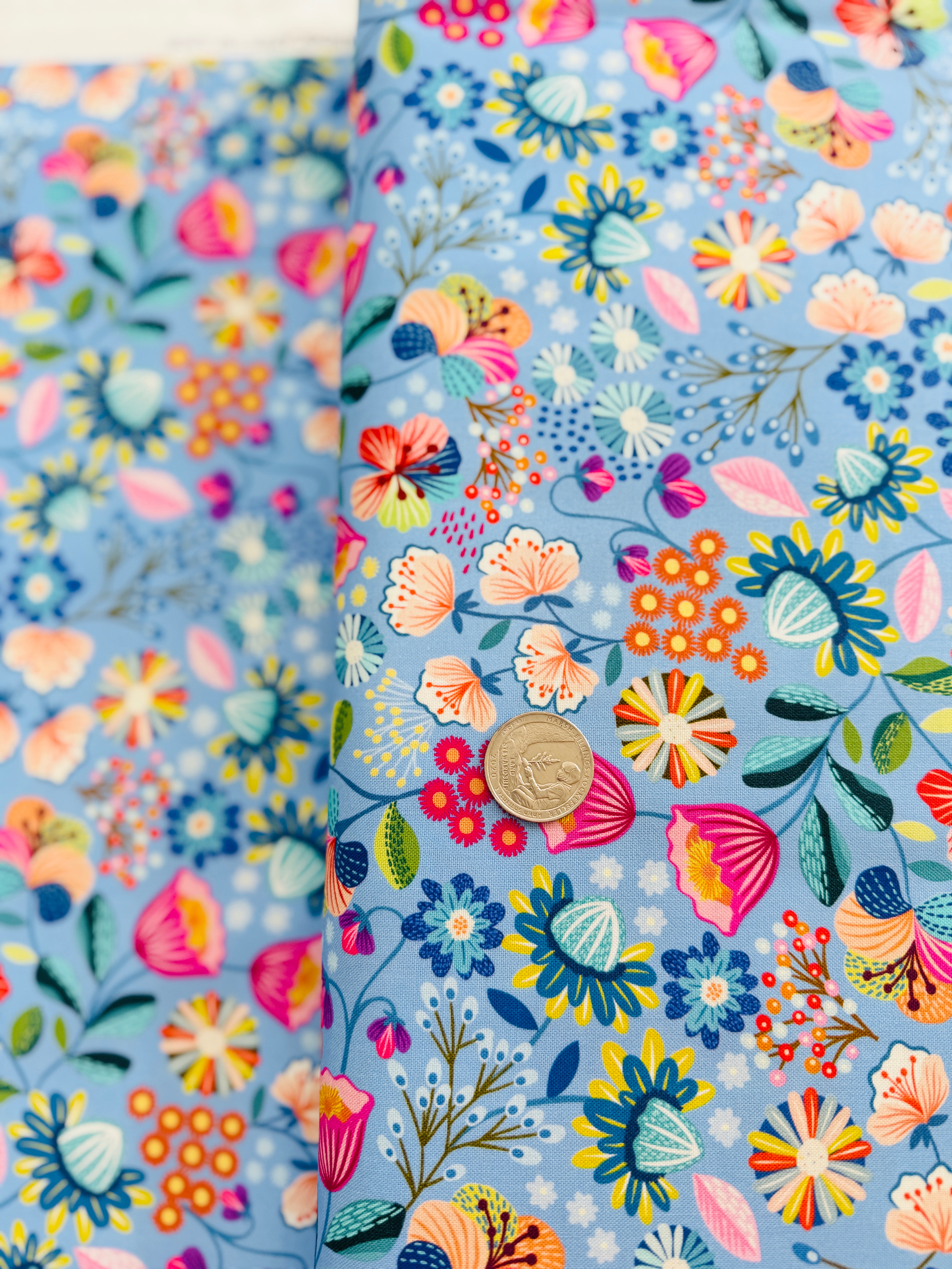 Creative Landscapes Flowers on Blue Yardage