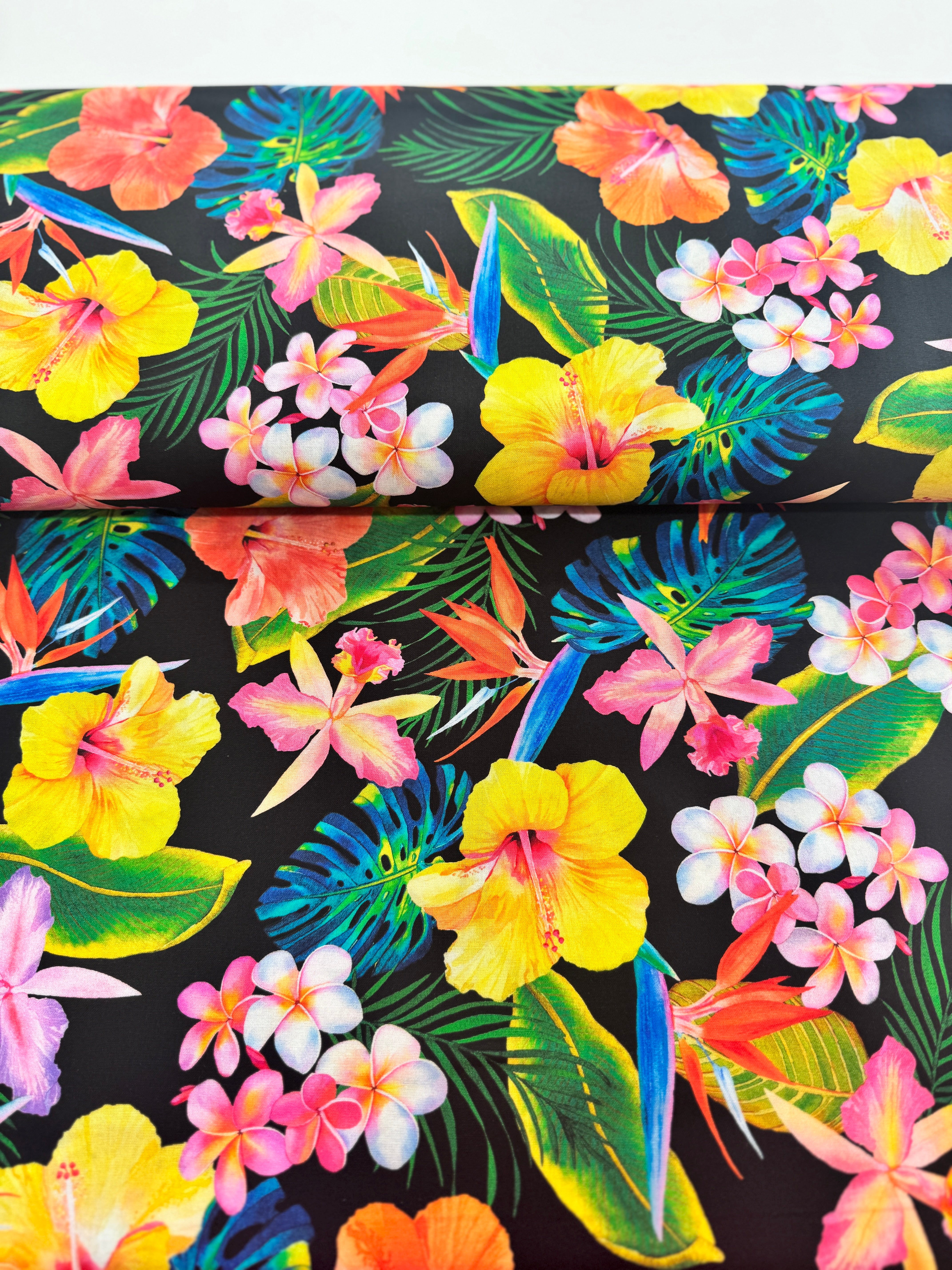 Island Sanctuary - Tropicals on Black Yardage