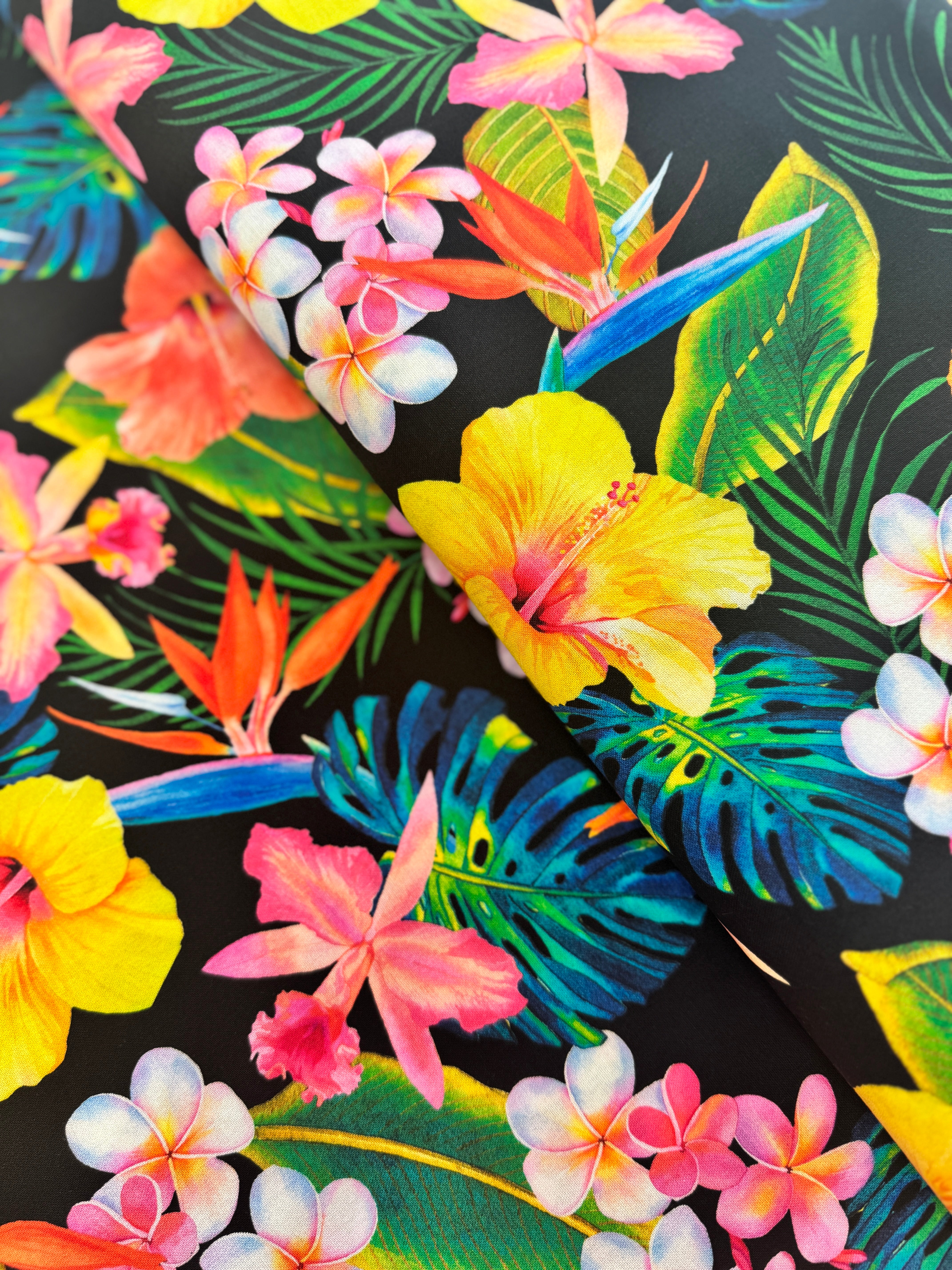 Island Sanctuary - Tropicals on Black Yardage