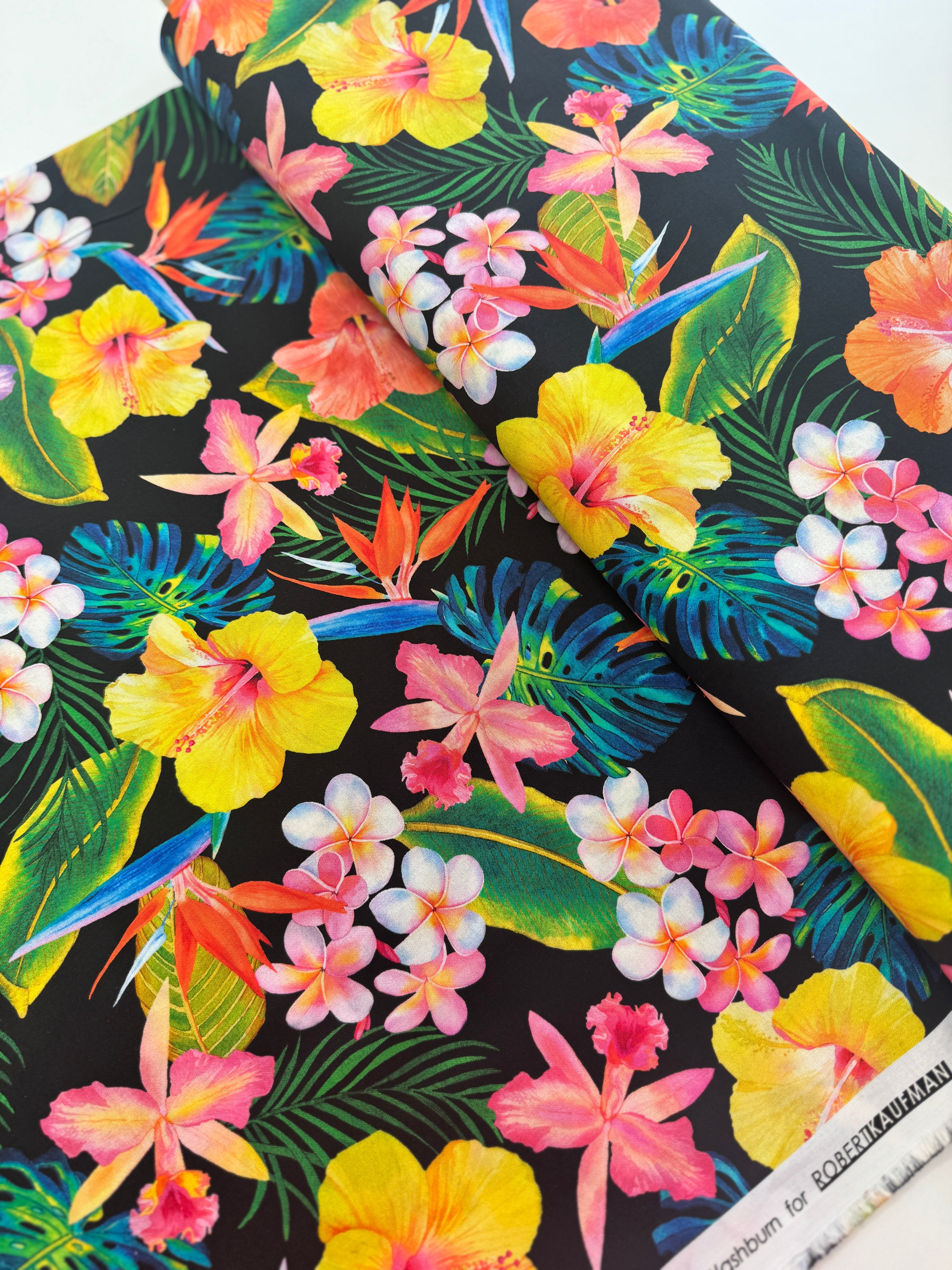 Island Sanctuary - Tropicals on Black Yardage