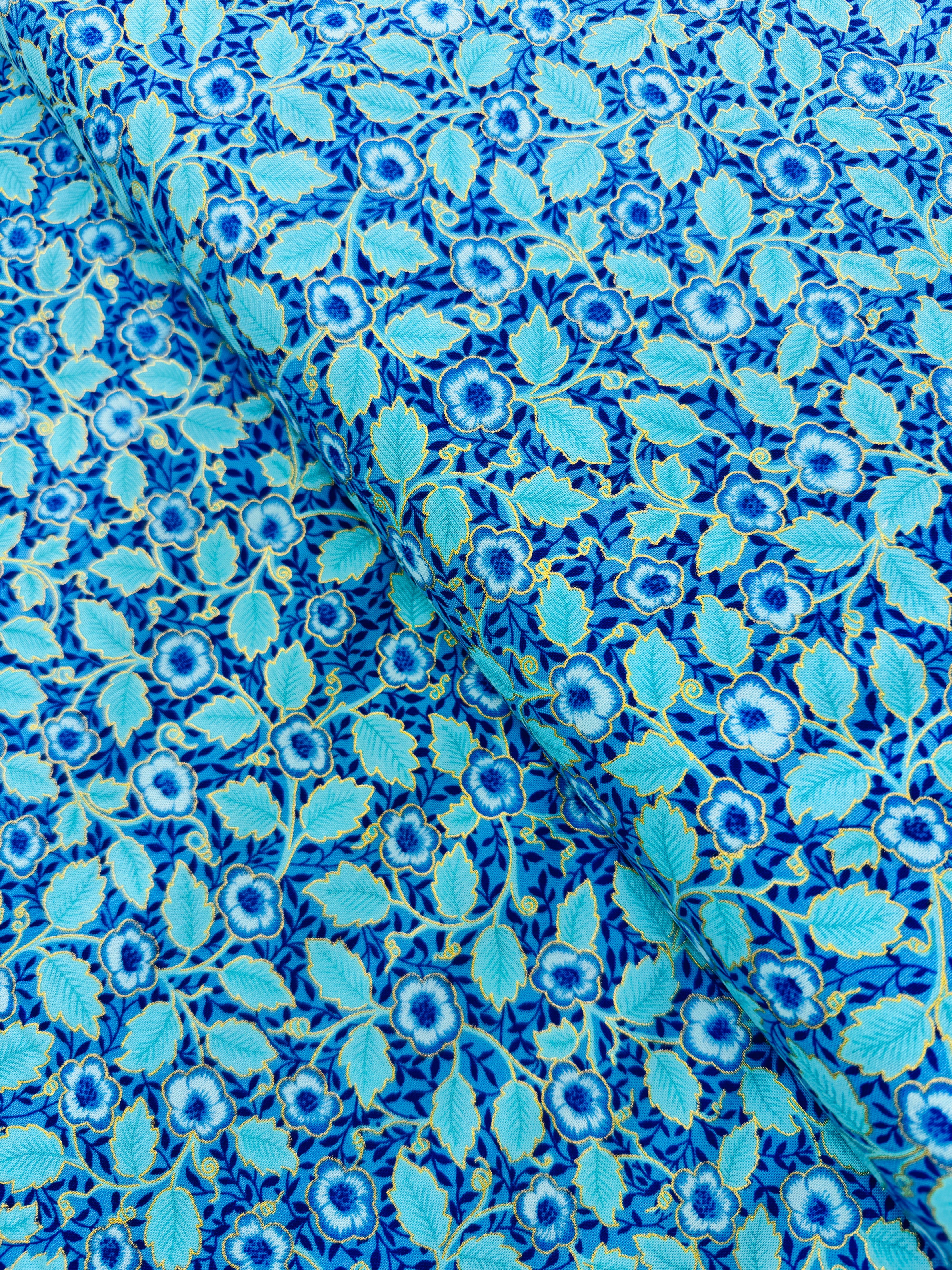 Luminous - Small Floral with Leaves Blue Metallic Yardage