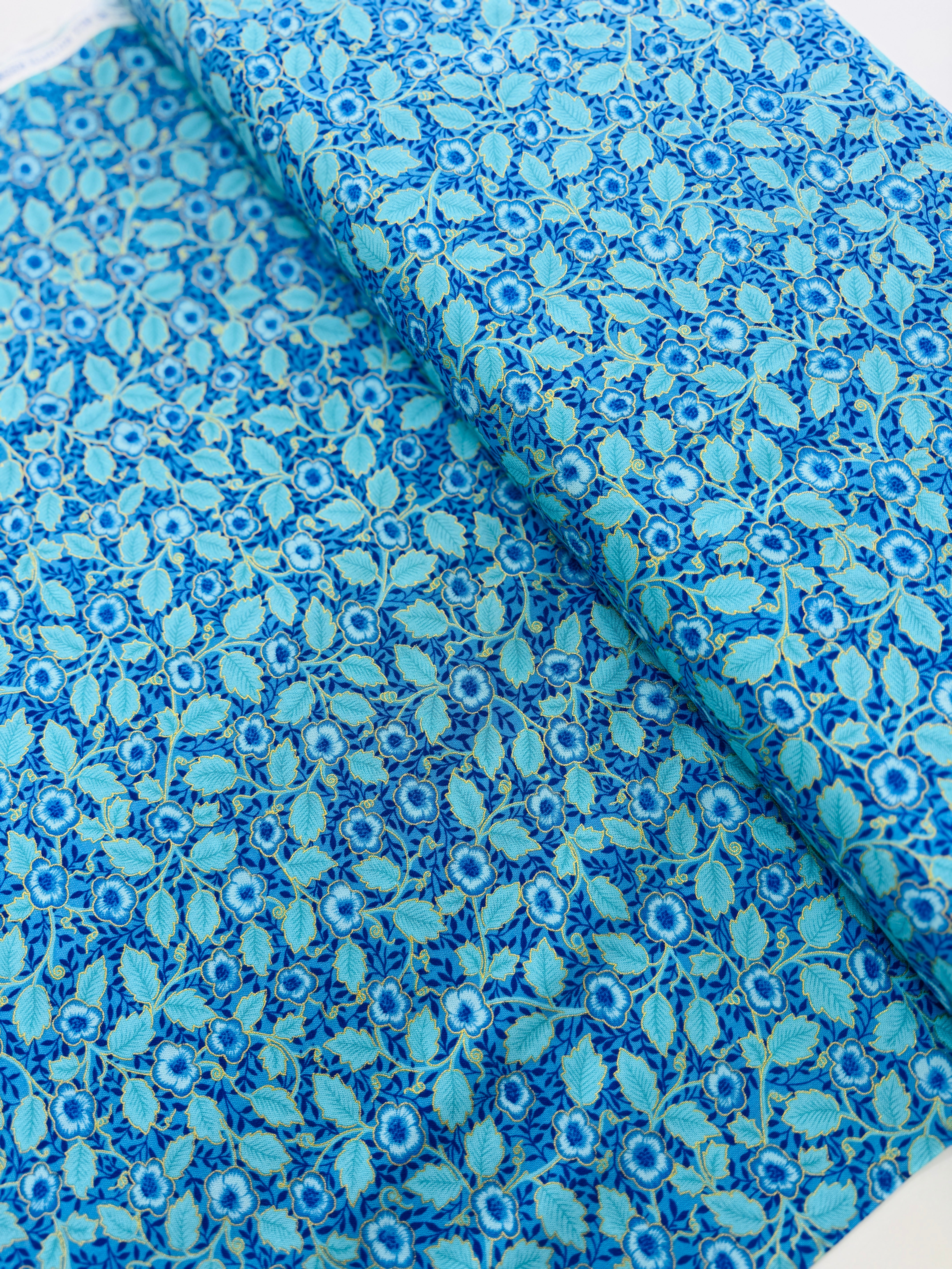 Luminous - Small Floral with Leaves Blue Metallic Yardage