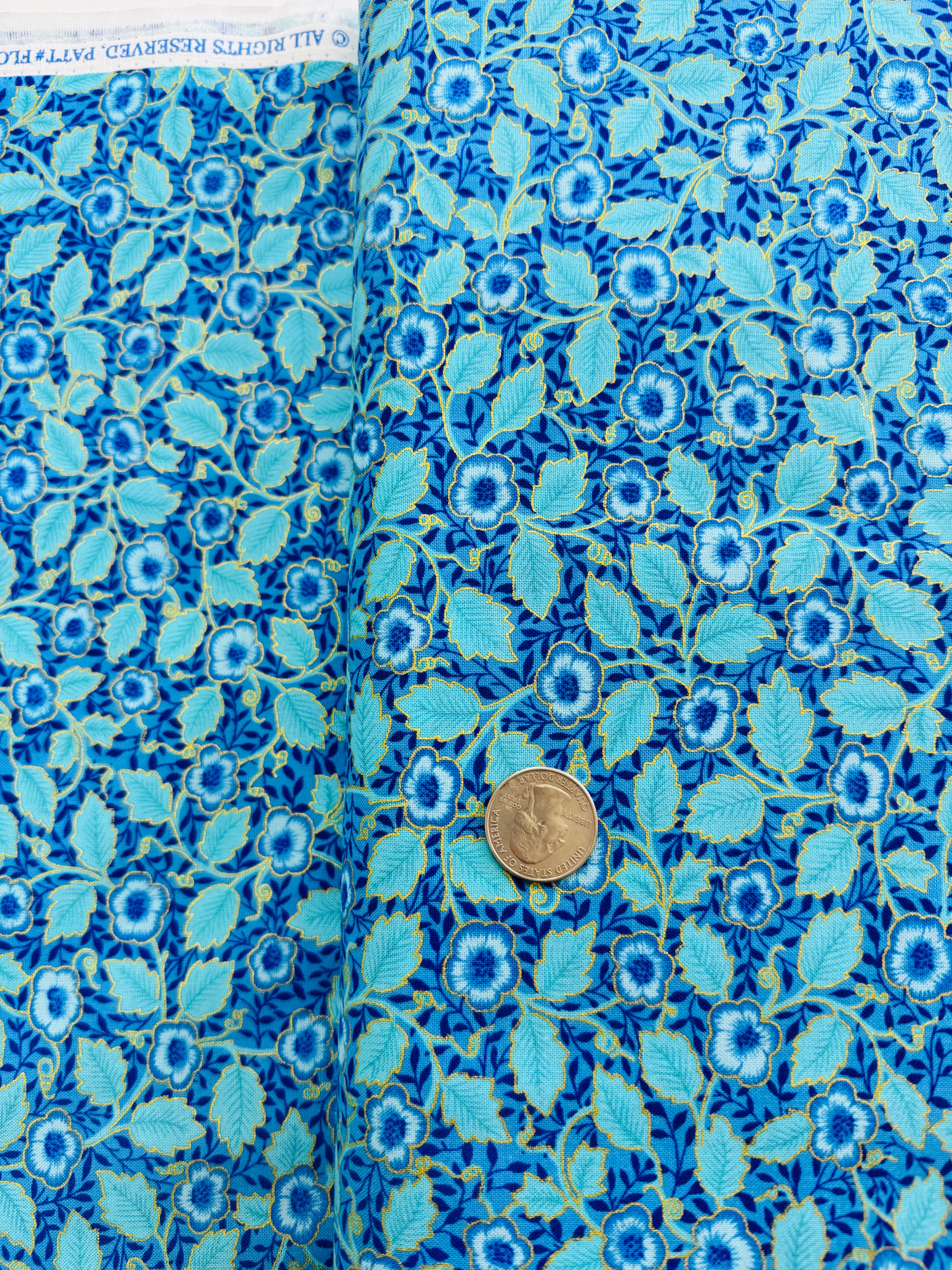 Luminous - Small Floral with Leaves Blue Metallic Yardage